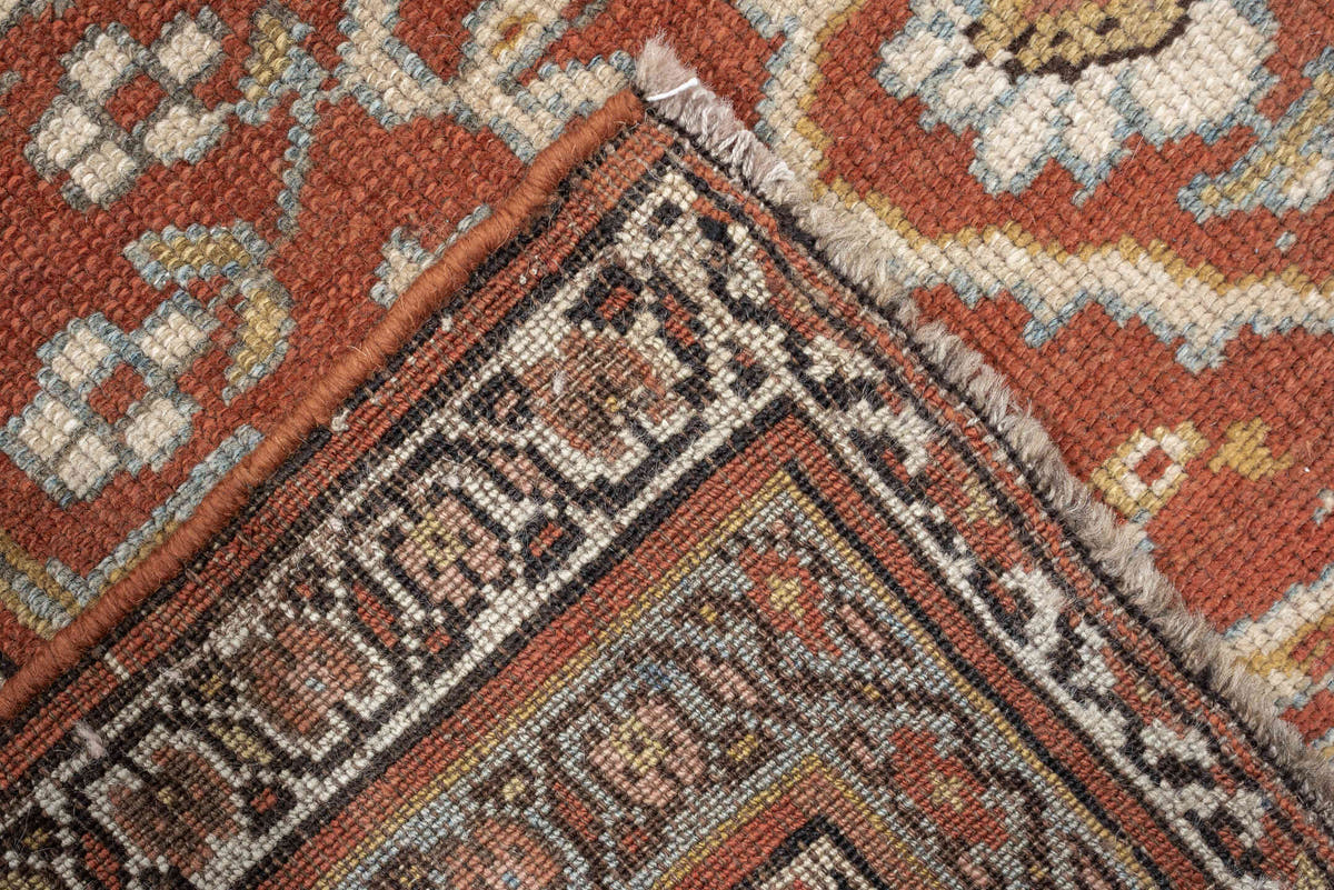 3' x 15' one-of-a-kind handmade antique NW Persian runner rug. Color palette: terracotta, ivory, charcoal, slate blue, camel