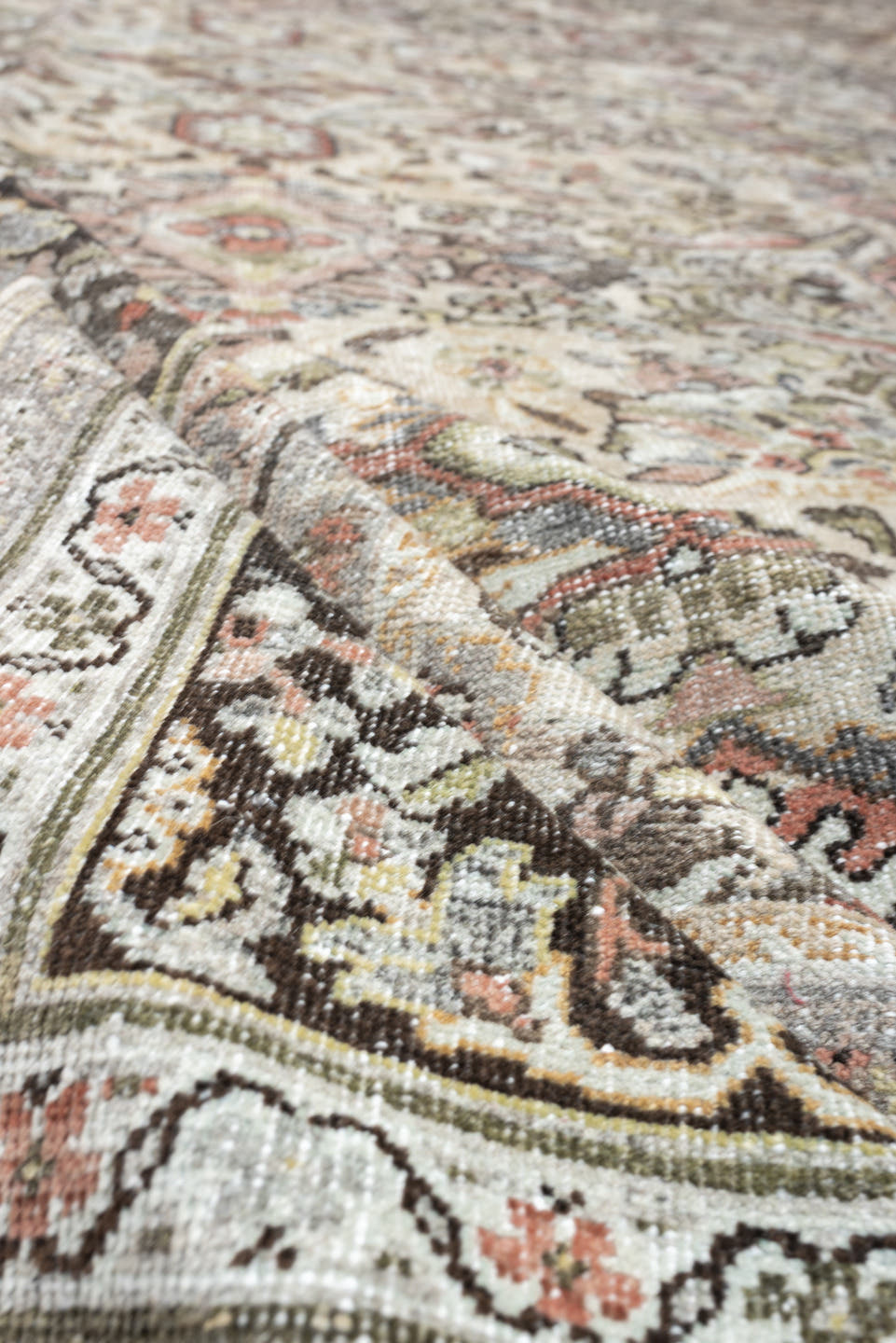 10' x 17' one-of-a-kind handmade antique Mahal oversize rug. Color palette: ivory, charcoal, sage, dusty rose, terracotta