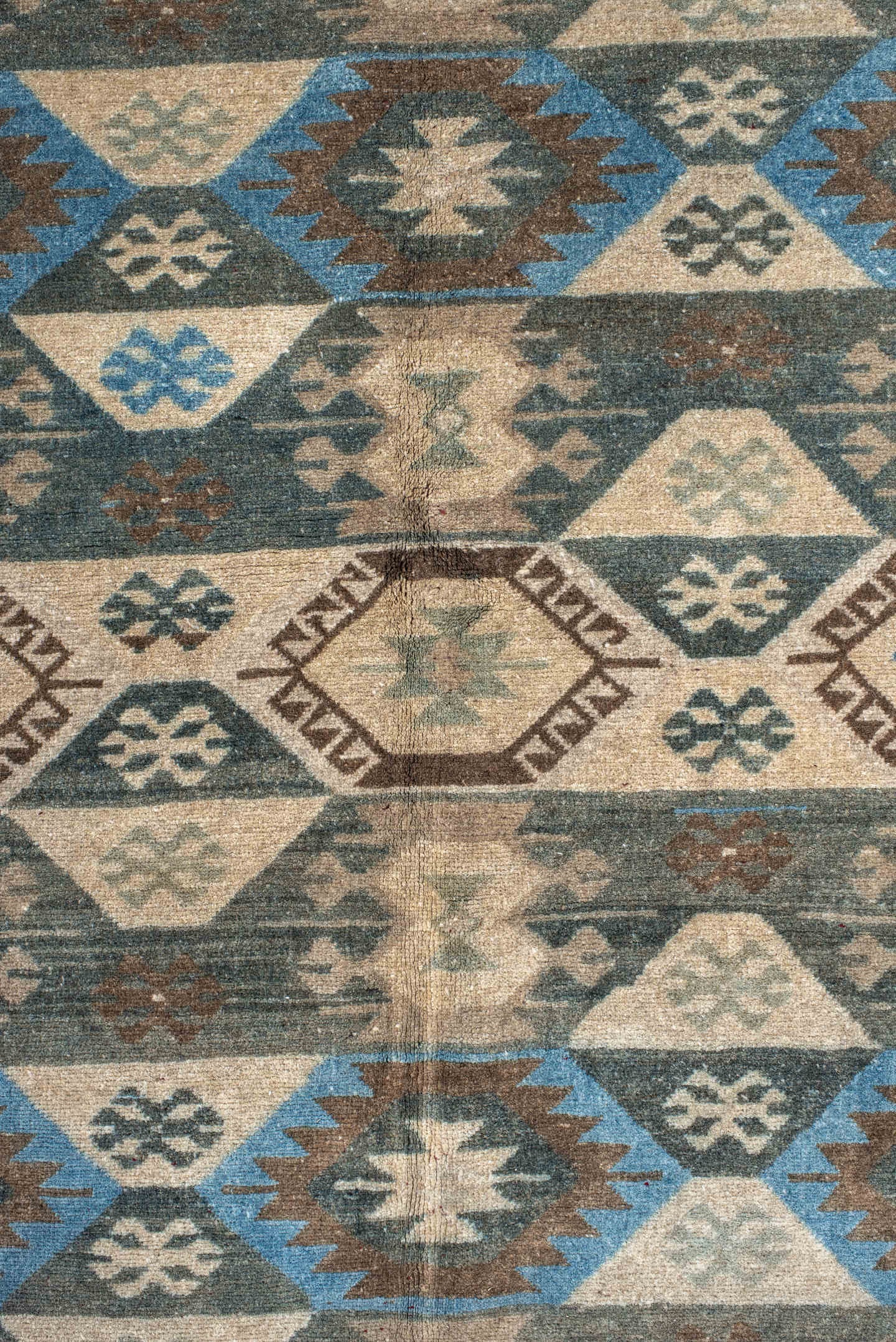9' x 15' one-of-a-kind handmade vintage Afghan rug. Color palette: ivory, taupe, brown, sky_blue, charcoal, camel, beige