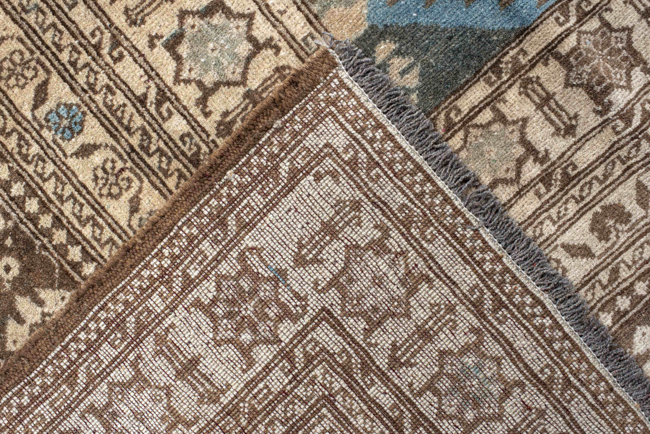 9' x 15' one-of-a-kind handmade vintage Afghan rug. Color palette: black, blue, brown, dim gray, gray, light gray, off-white