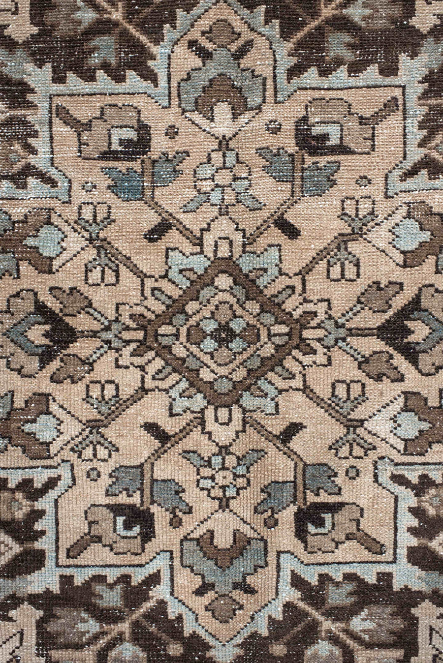 9' x 12' one-of-a-kind handmade vintage Baktiary large size rug. Color palette: taupe, ivory, slate, brown, charcoal, beige