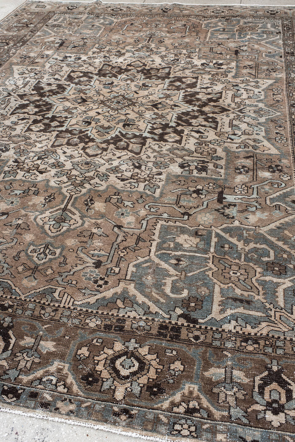 9' x 12' one-of-a-kind handmade vintage Baktiary large size rug. Color palette: taupe, ivory, slate, brown, charcoal, beige