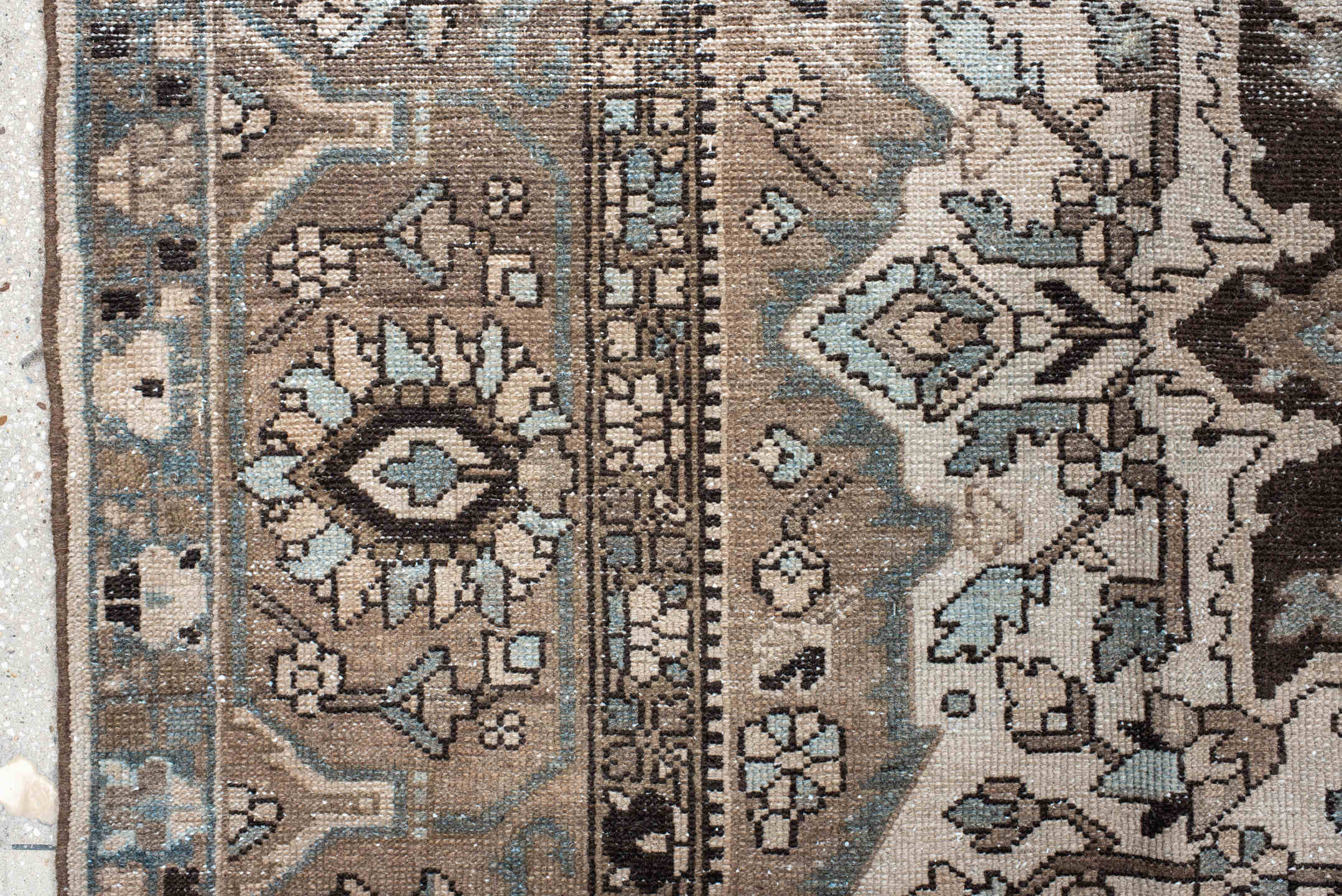 9' x 12' one-of-a-kind handmade vintage Baktiary large size rug. Color palette: taupe, ivory, slate, brown, charcoal, beige