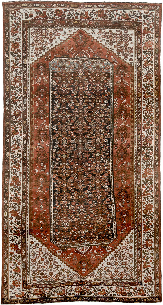 5' x 10' one-of-a-kind handmade vintage NW Persian medium size rug. Color palette: ivory, rust, brown, terra cotta, charcoal