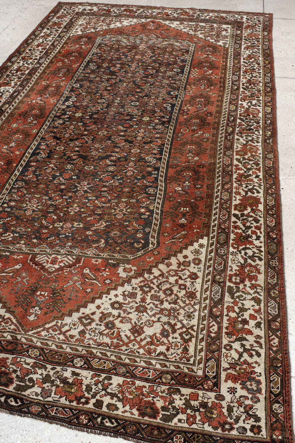 5' x 10' one-of-a-kind handmade vintage NW Persian medium size rug. Color palette: ivory, rust, brown, terra cotta, charcoal