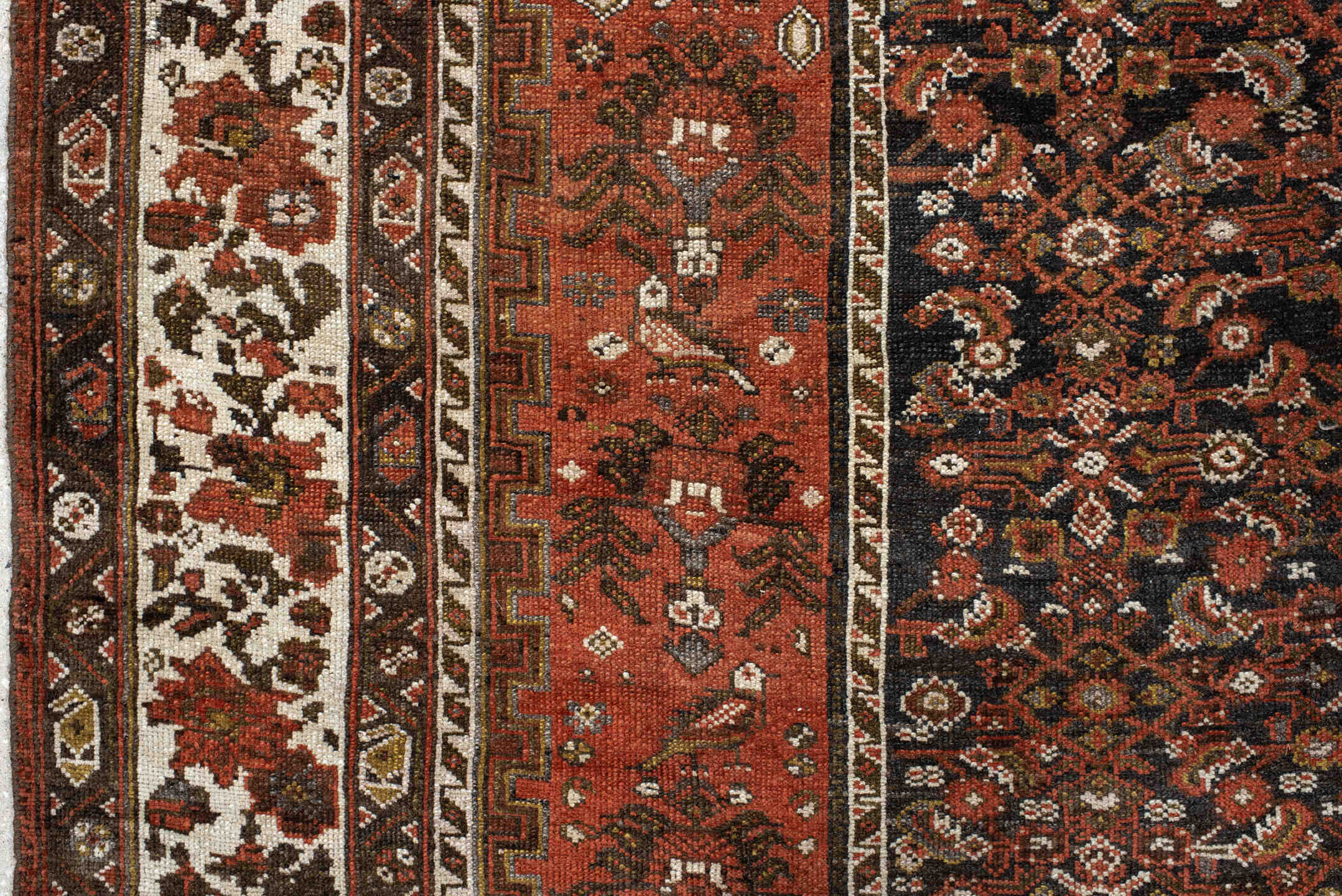 5' x 10' one-of-a-kind handmade vintage NW Persian medium size rug. Color palette: ivory, rust, brown, terra cotta, charcoal