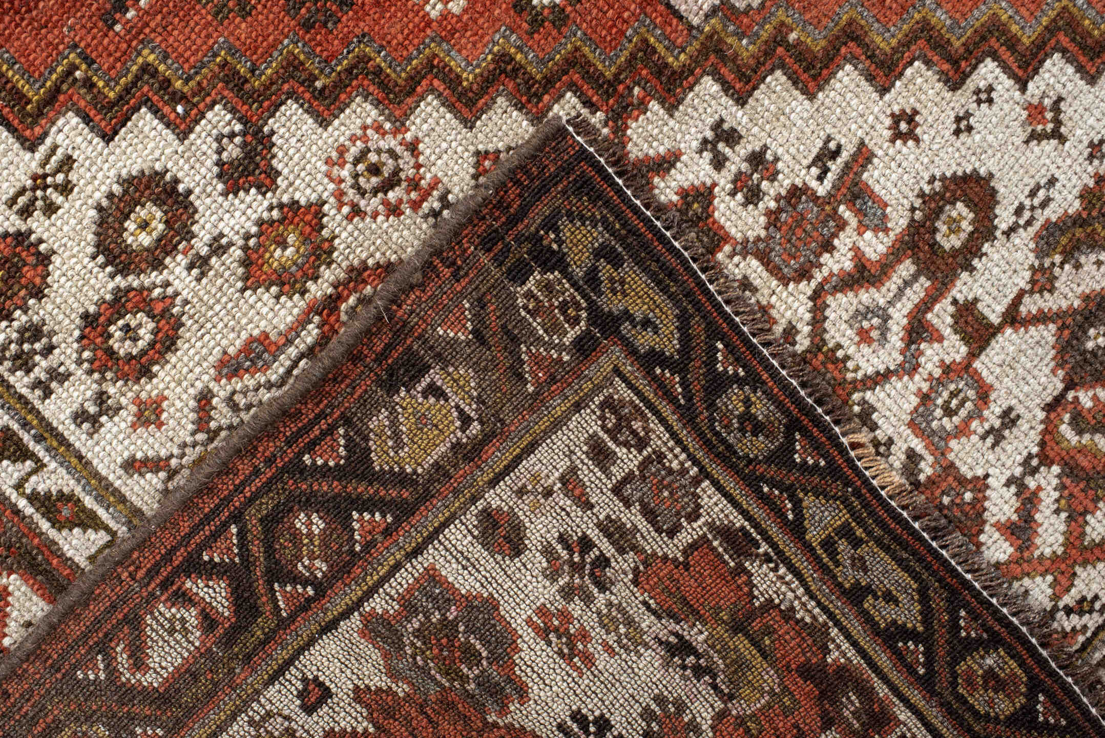5' x 10' one-of-a-kind handmade vintage NW Persian medium size rug. Color palette: ivory, rust, brown, terra cotta, charcoal