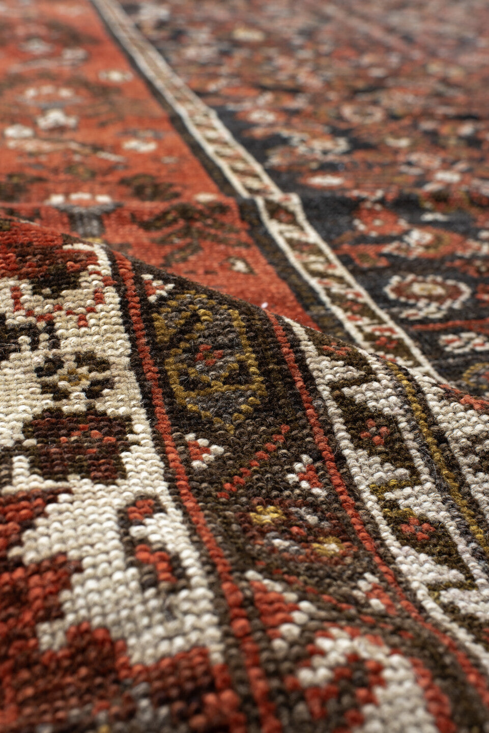 5' x 10' one-of-a-kind handmade vintage NW Persian medium size rug. Color palette: ivory, rust, brown, terra cotta, charcoal