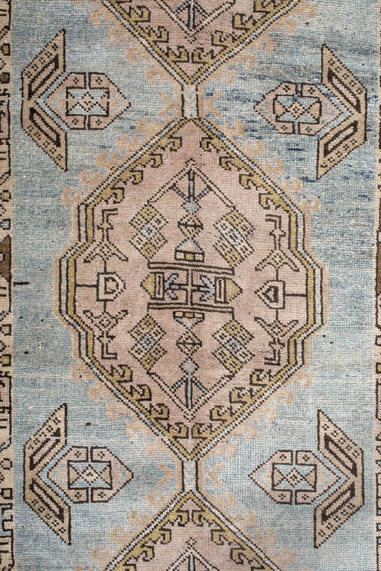 3' x 11' one-of-a-kind handmade vintage Anatolian runner rug. Color palette: ivory, sky blue, taupe, brown, camel, charcoal