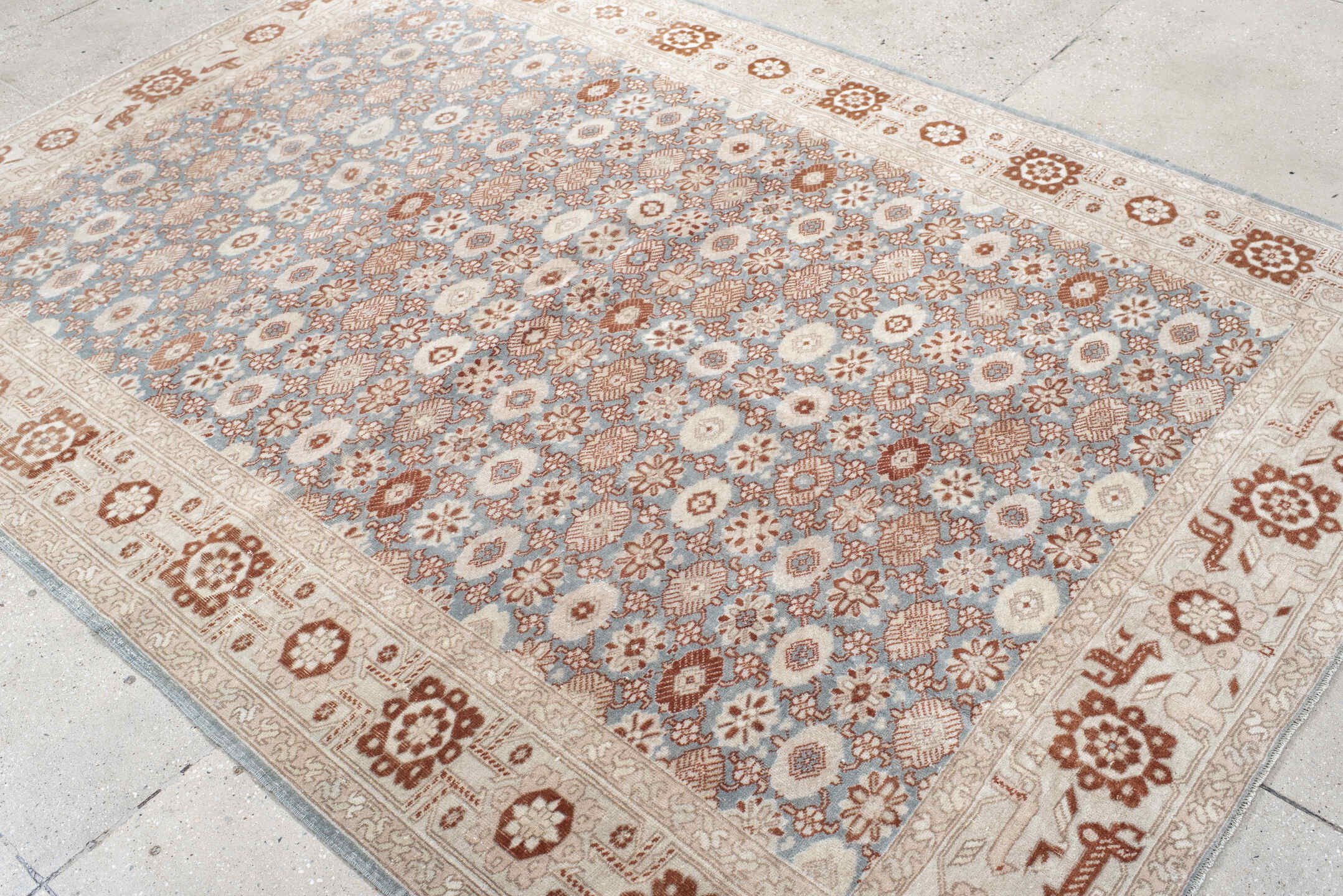 6' x 8' one-of-a-kind handmade vintage Anatol medium size rug. Color palette: brown, dim gray, gray, light gray, off-white