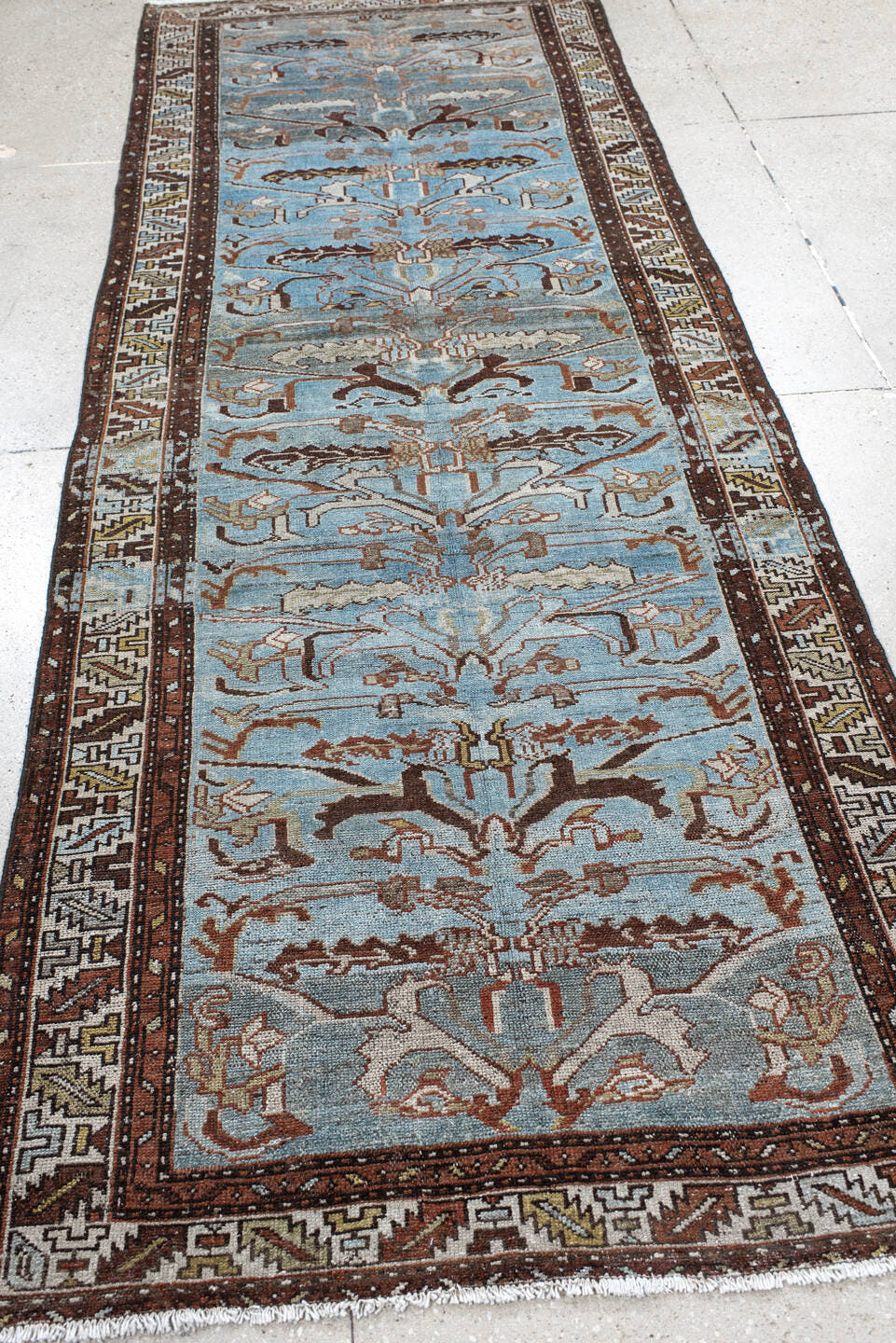 3' x 10' one-of-a-kind handmade vintage Malayer runner rug. Color palette: light blue, ivory, brown, taupe, camel, charcoal
