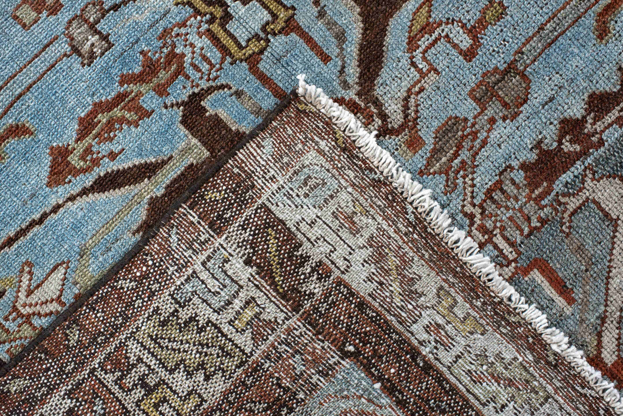 3' x 10' one-of-a-kind handmade vintage Malayer runner rug. Color palette: light blue, ivory, brown, taupe, camel, charcoal