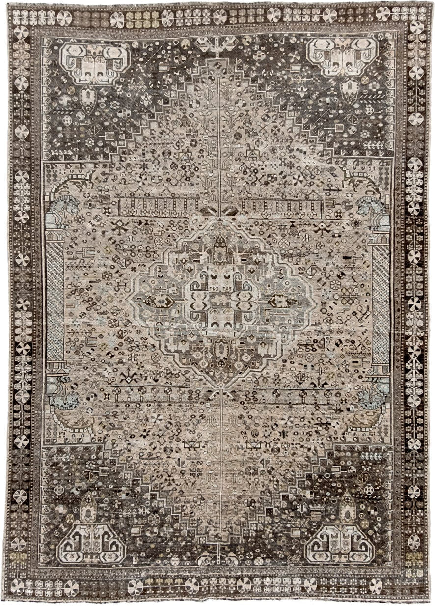 6' x 9' one-of-a-kind handmade vintage Shiraz medium size rug. Color palette: taupe, charcoal, ivory, brown, slate, cream
