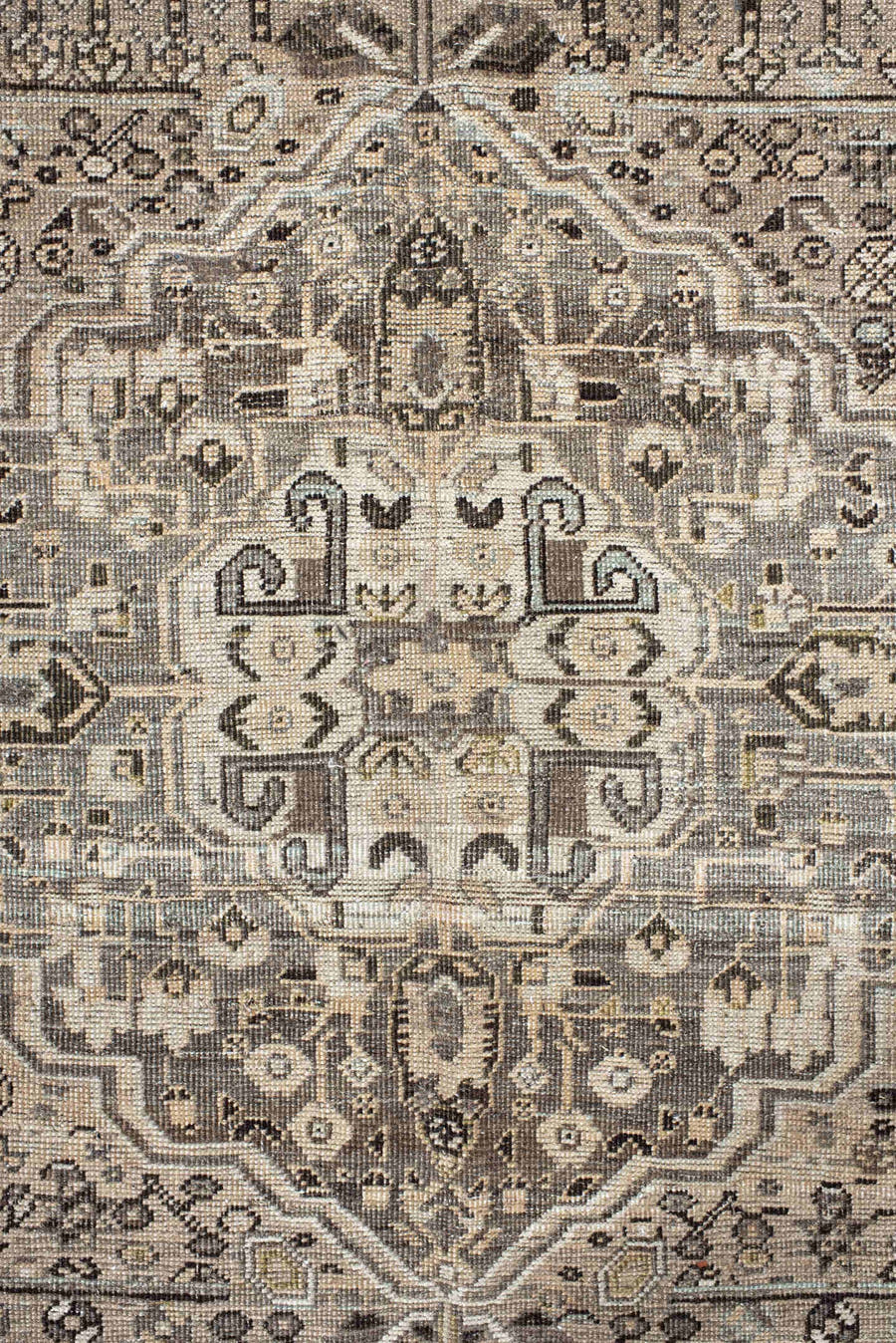 6' x 9' one-of-a-kind handmade vintage Shiraz medium size rug. Color palette: taupe, charcoal, ivory, brown, slate, cream