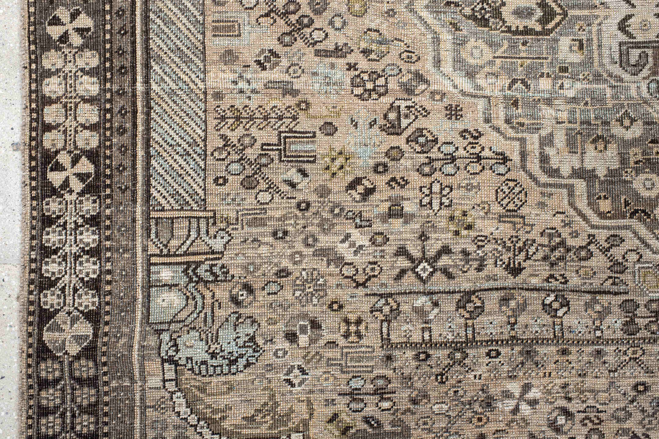 6' x 9' one-of-a-kind handmade vintage Shiraz medium size rug. Color palette: taupe, charcoal, ivory, brown, slate, cream
