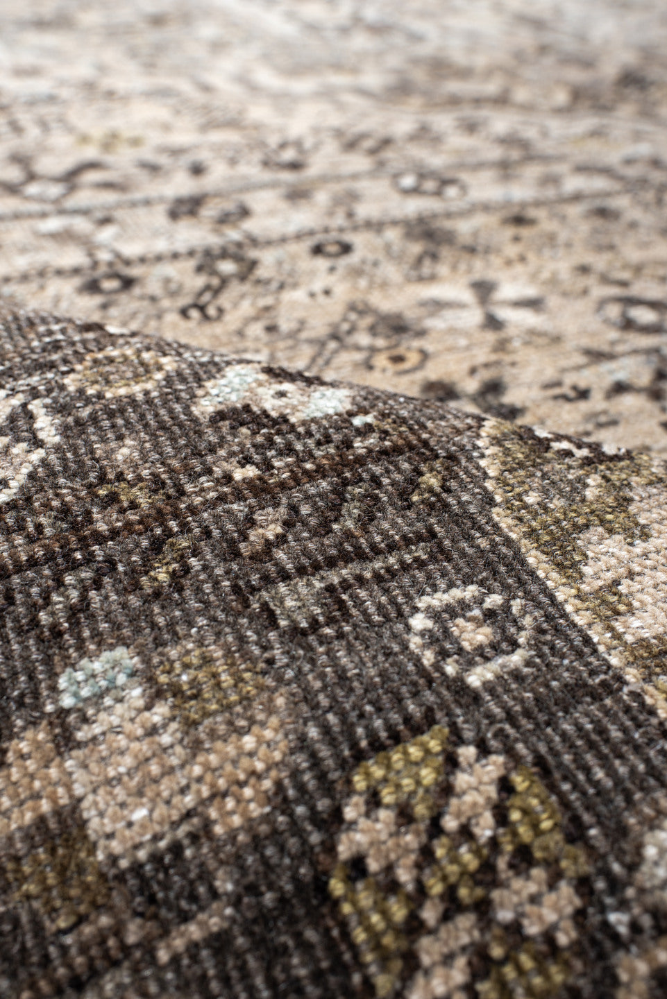 6' x 9' one-of-a-kind handmade vintage Shiraz medium size rug. Color palette: taupe, charcoal, ivory, brown, slate, cream