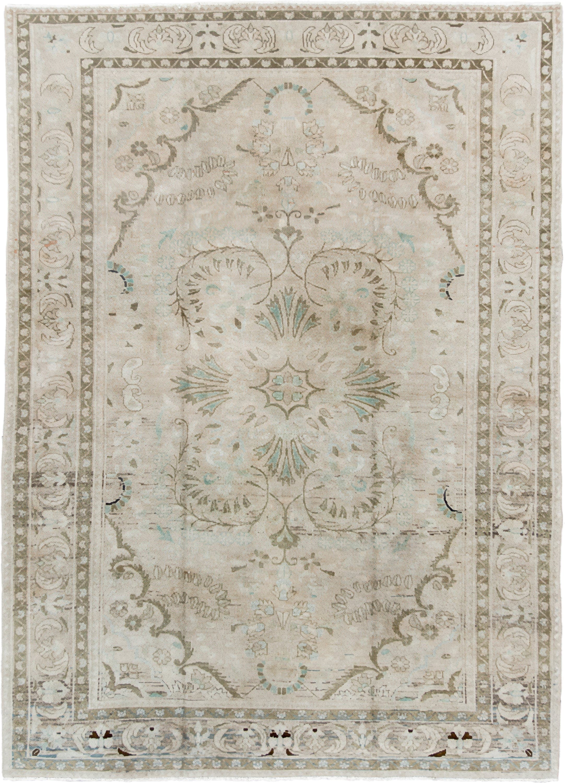 7' x 9' one-of-a-kind handmade vintage Hamadan rug. Color palette: ivory, taupe, sage, pale aqua, cream, beige, charcoal