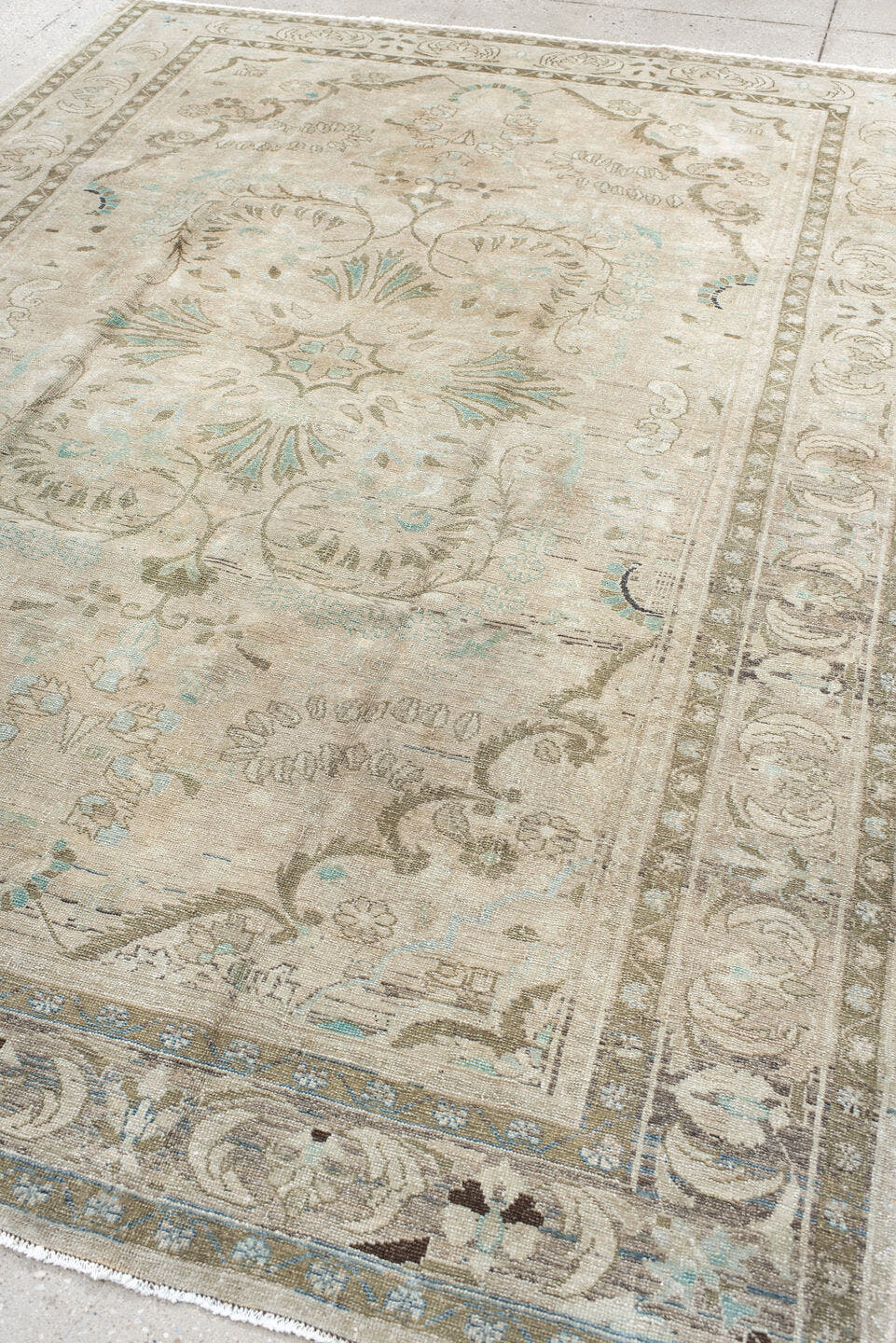 7' x 9' one-of-a-kind handmade vintage Hamadan rug. Color palette: ivory, taupe, sage, pale aqua, cream, beige, charcoal
