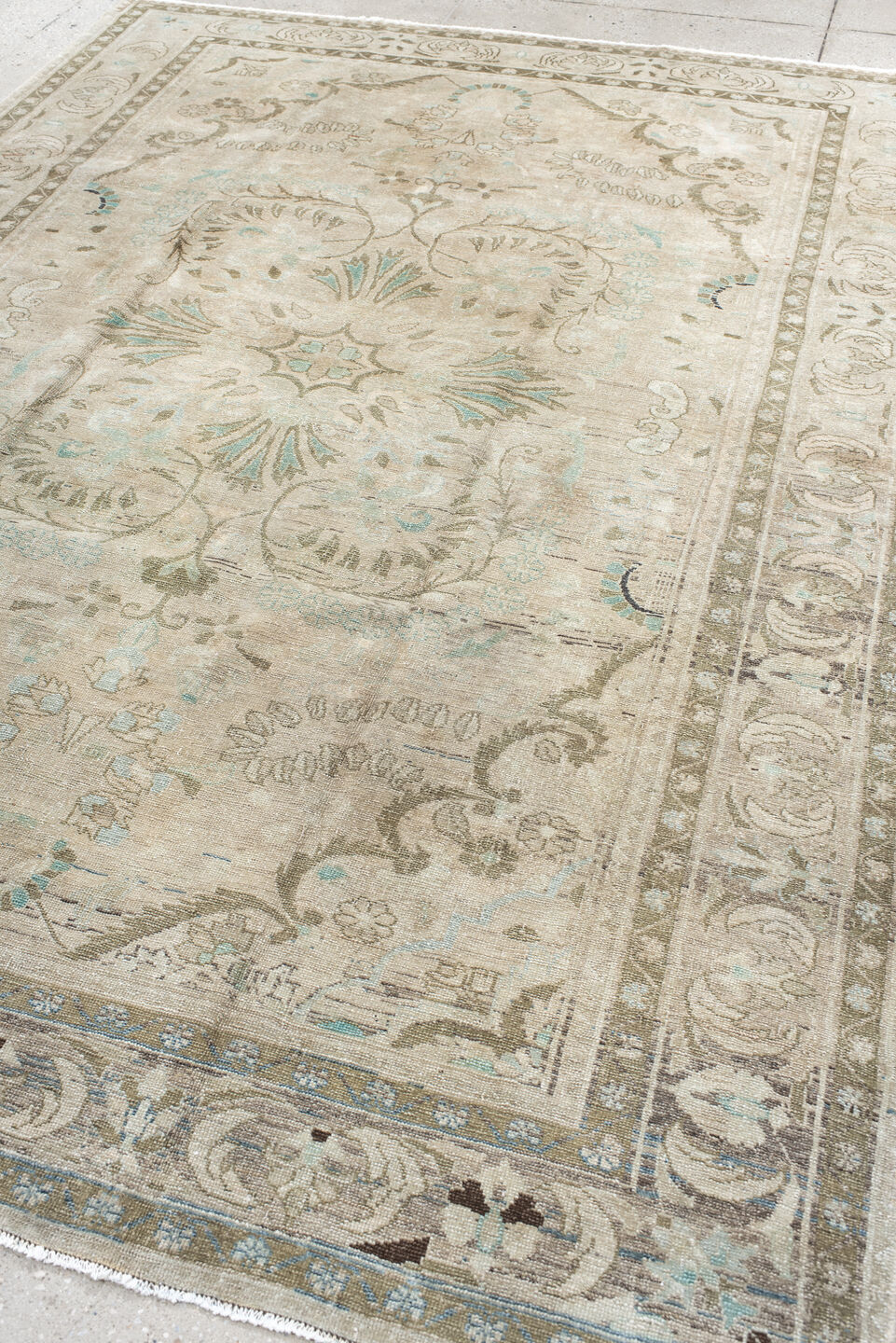 7' x 9' one-of-a-kind handmade vintage Hamadan rug. Color palette: ivory, taupe, sage, pale aqua, cream, beige, charcoal