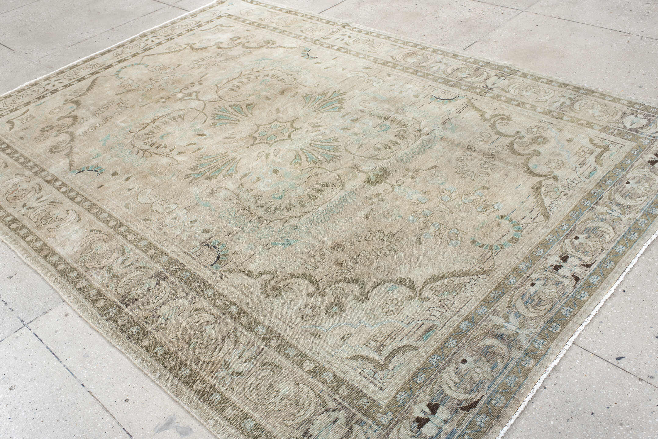 7' x 9' one-of-a-kind handmade vintage Hamadan rug. Color palette: ivory, taupe, sage, pale aqua, cream, beige, charcoal