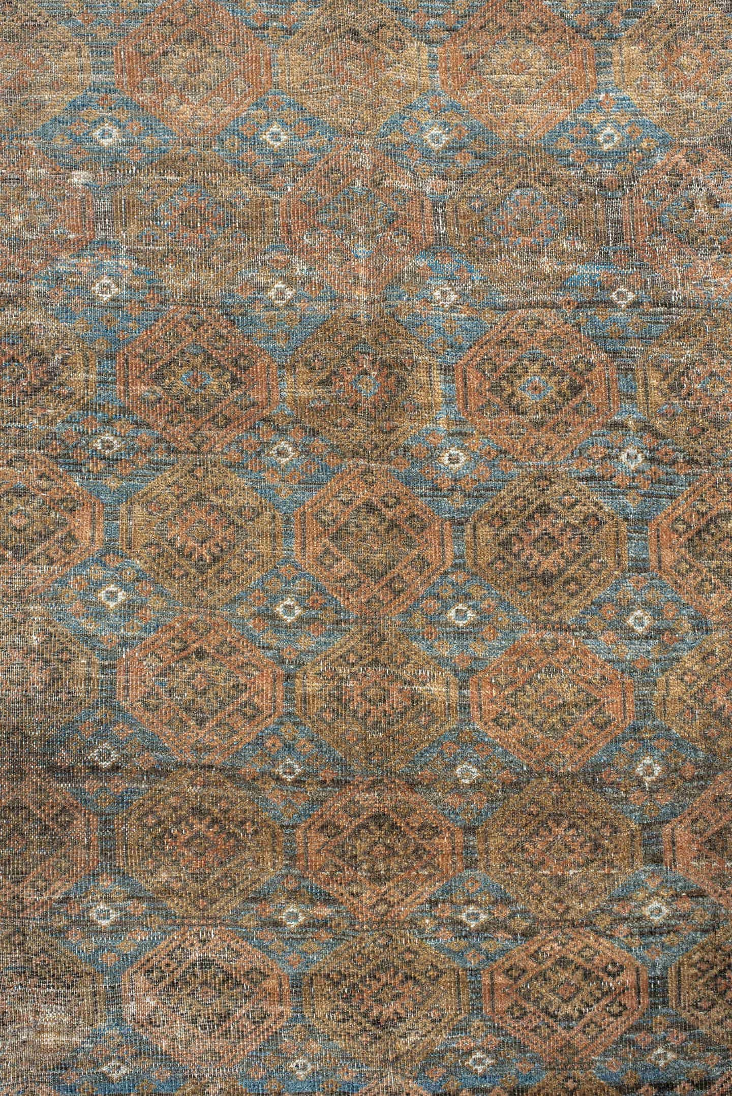 5' x 9' one-of-a-kind handmade antique Belouch medium size rug. Color palette: taupe, camel, dusty blue, beige, brown, ivory