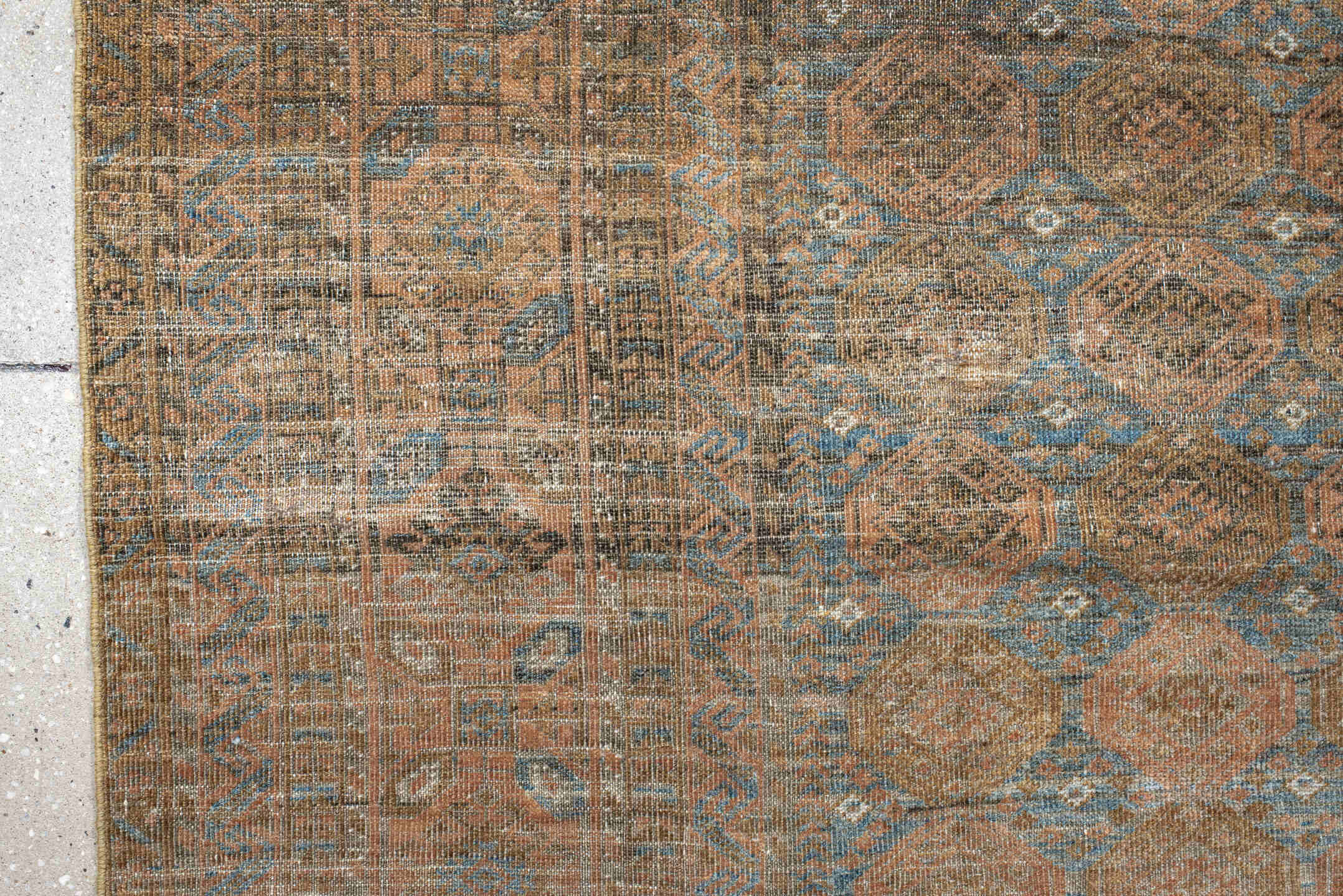5' x 9' one-of-a-kind handmade antique Belouch medium size rug. Color palette: taupe, camel, dusty blue, beige, brown, ivory