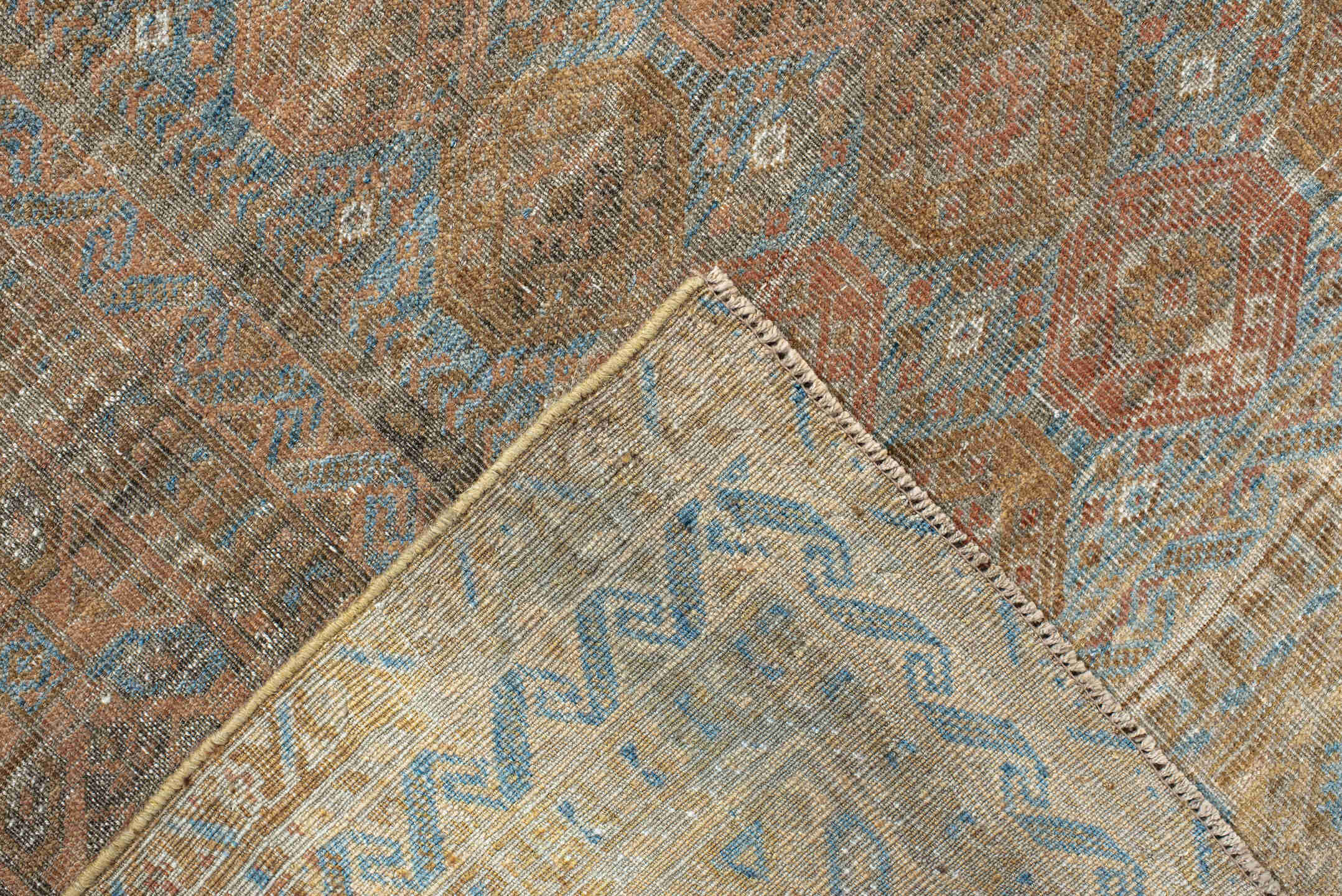 5' x 9' one-of-a-kind handmade antique Belouch medium size rug. Color palette: taupe, camel, dusty blue, beige, brown, ivory