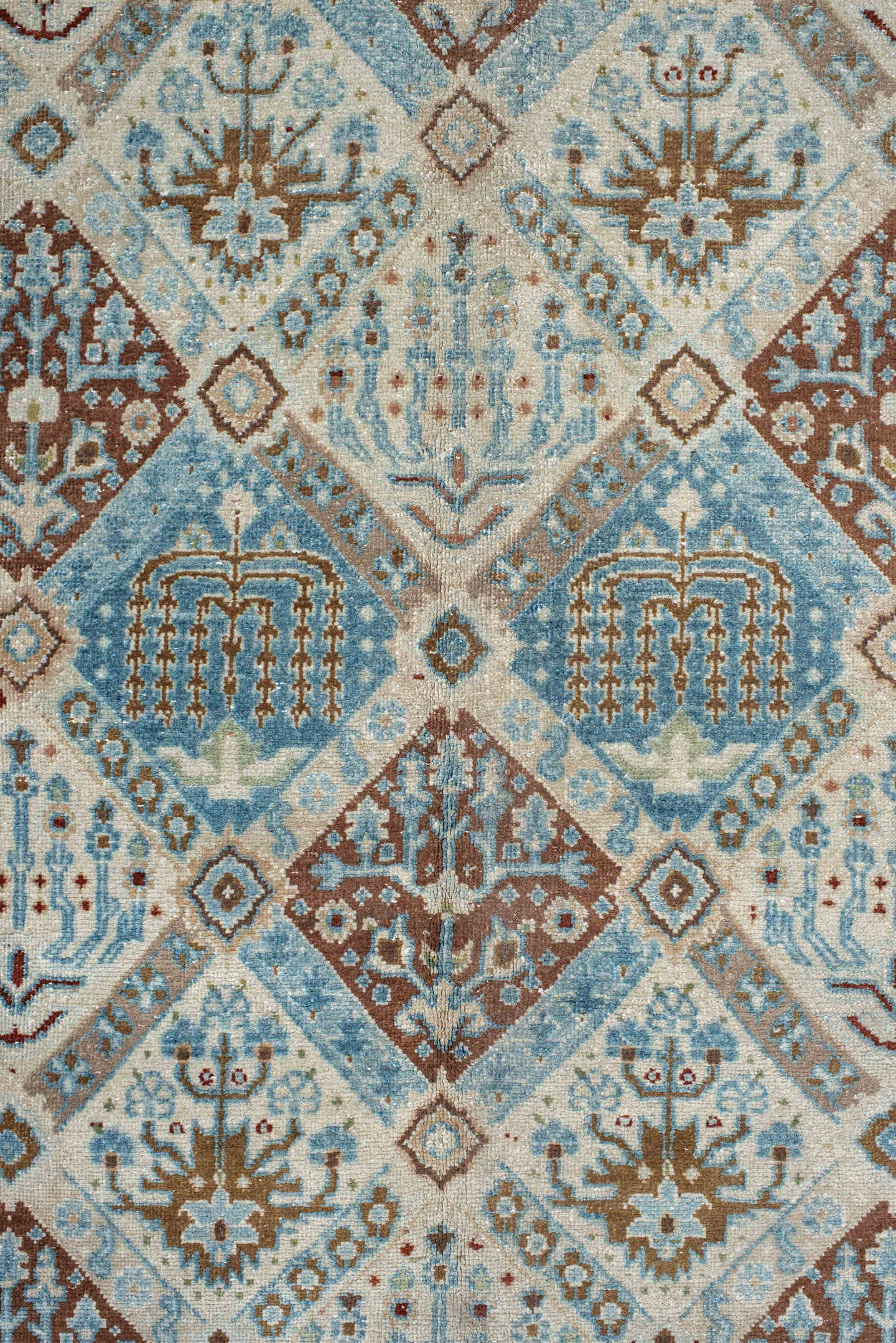 11' x 15' one-of-a-kind handmade vintage Qum oversize rug. Color palette: ivory, sky blue, brown, camel, taupe, rust