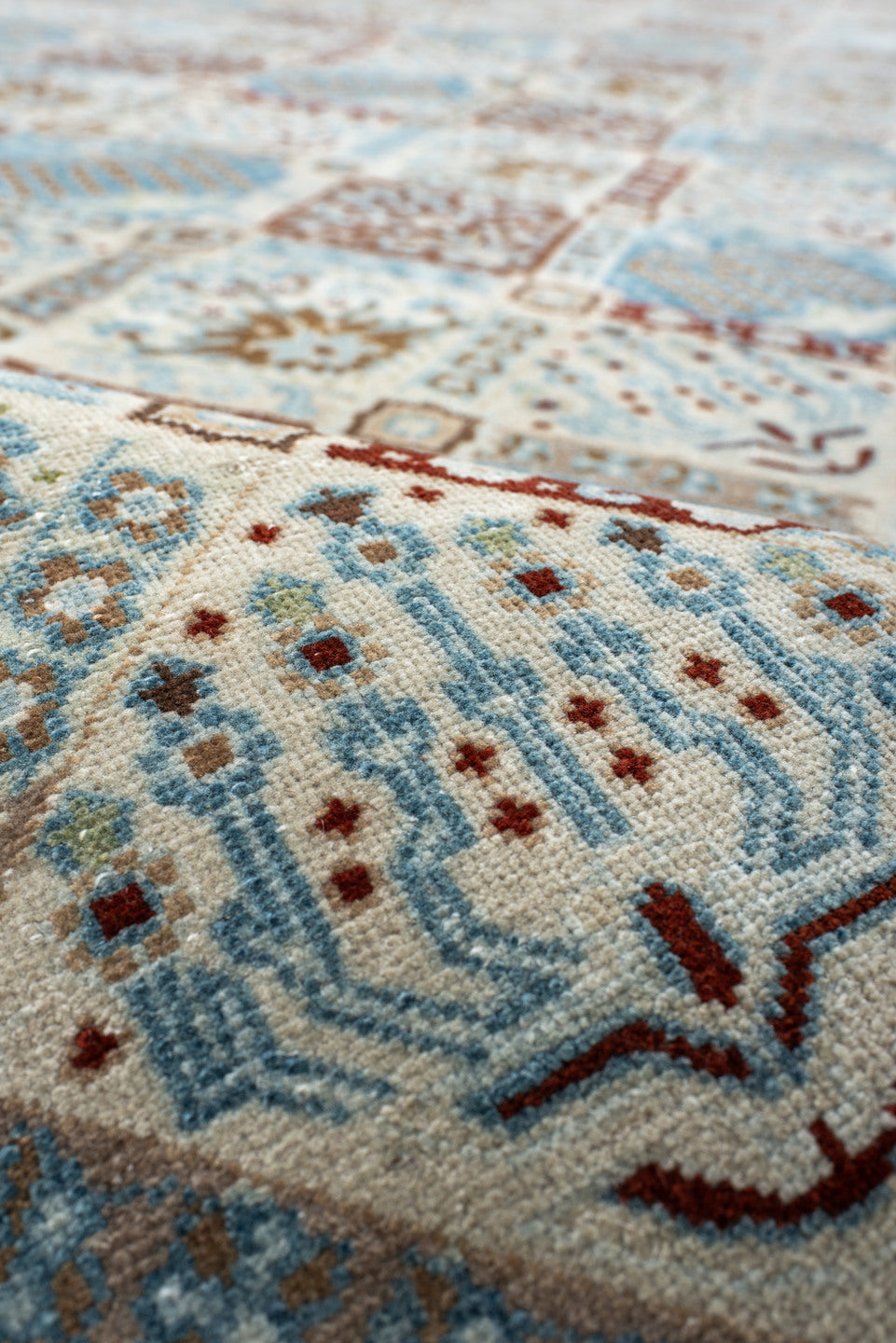 11' x 15' one-of-a-kind handmade vintage Qum oversize rug. Color palette: ivory, sky blue, brown, camel, taupe, rust