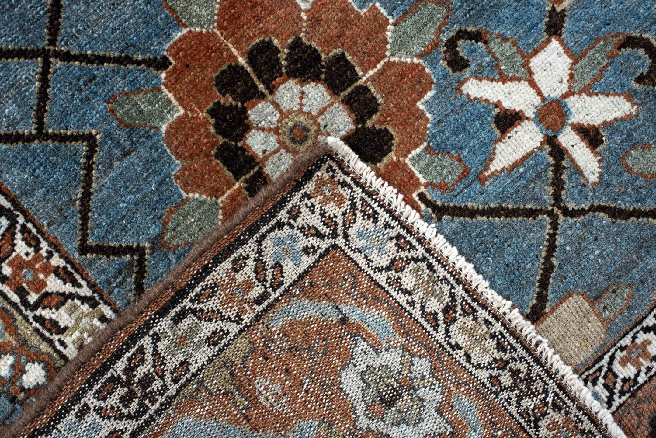 4' x 7' one-of-a-kind handmade vintage Malayer rug. Color palette: black, blue, brown, charcoal, dark gray, gray, light gray