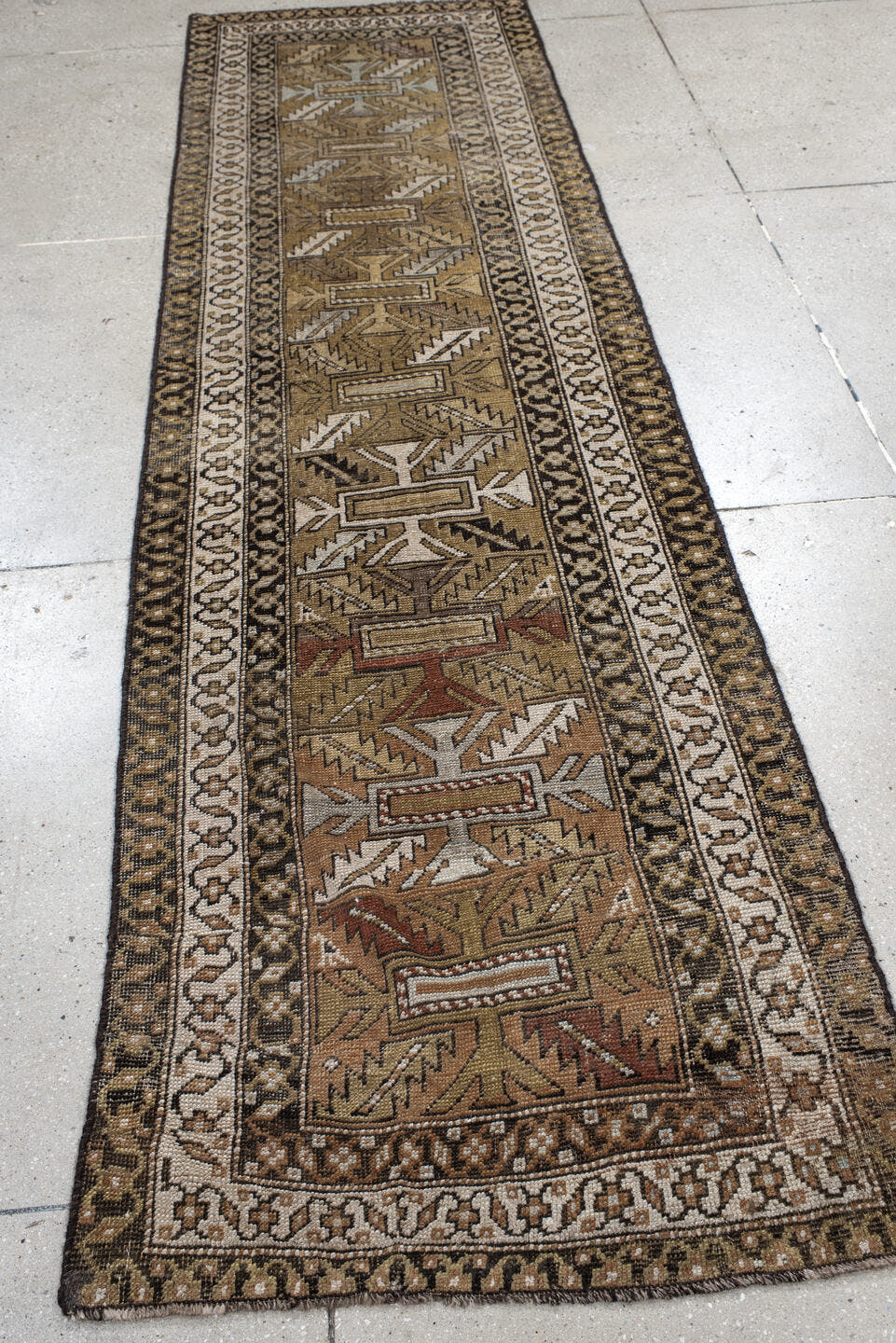 2' x 10' one-of-a-kind handmade antique NW Persian runner rug. Color palette: taupe, ivory, brown, camel, charcoal, rust