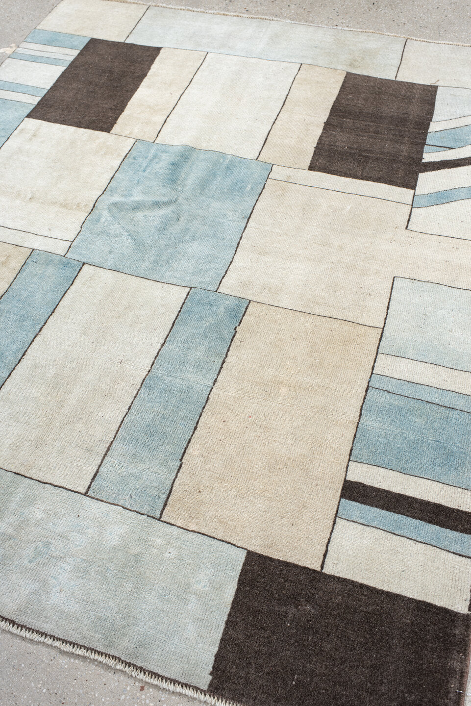 5' x 6' one-of-a-kind handmade vintage Art Deco rug. Color palette: antiquewhite, brown, dark gray, dim gray, gray