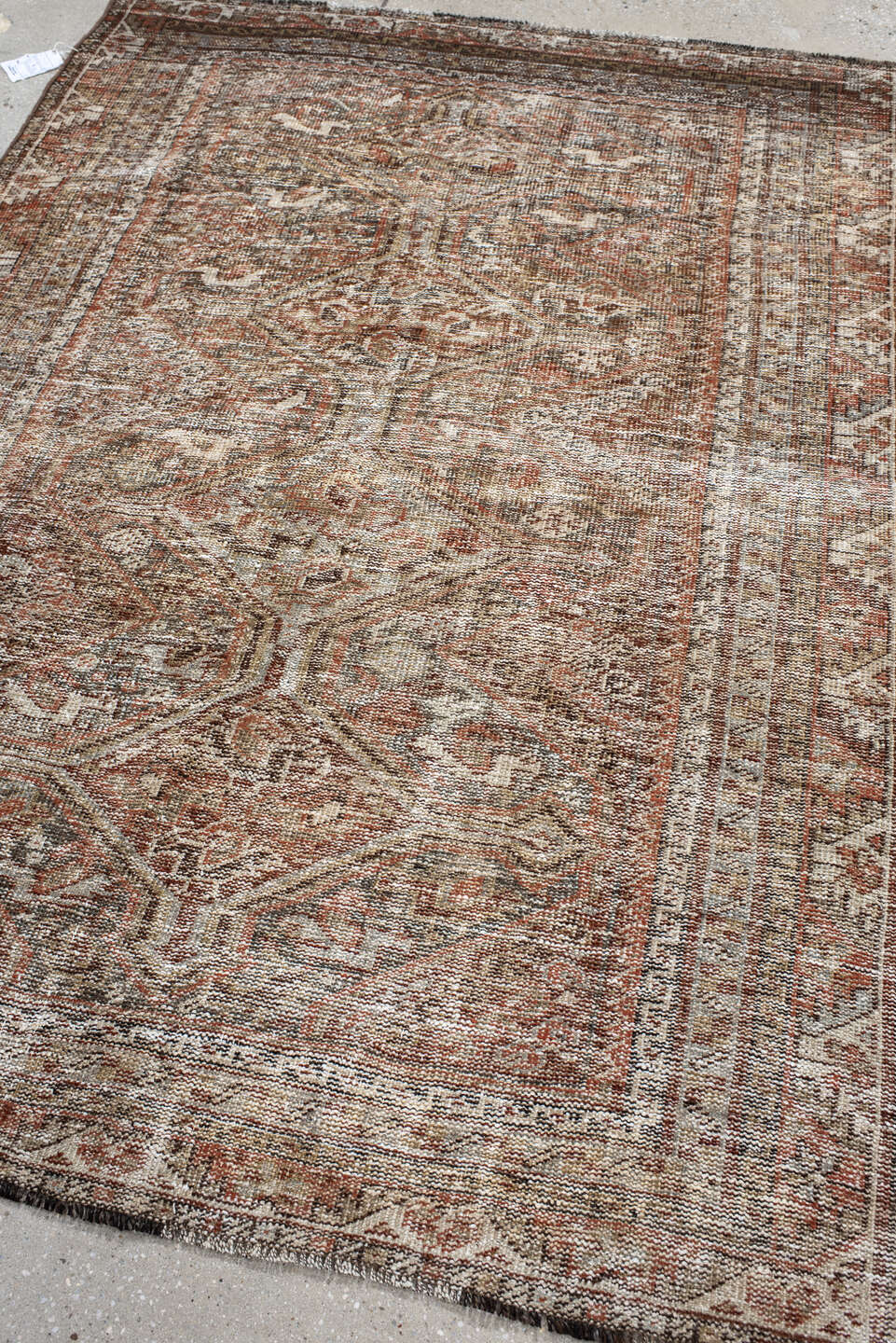 4' x 6' one-of-a-kind handmade antique Shiraz small size rug. Color palette: ivory, taupe, rust, brown, camel, charcoal