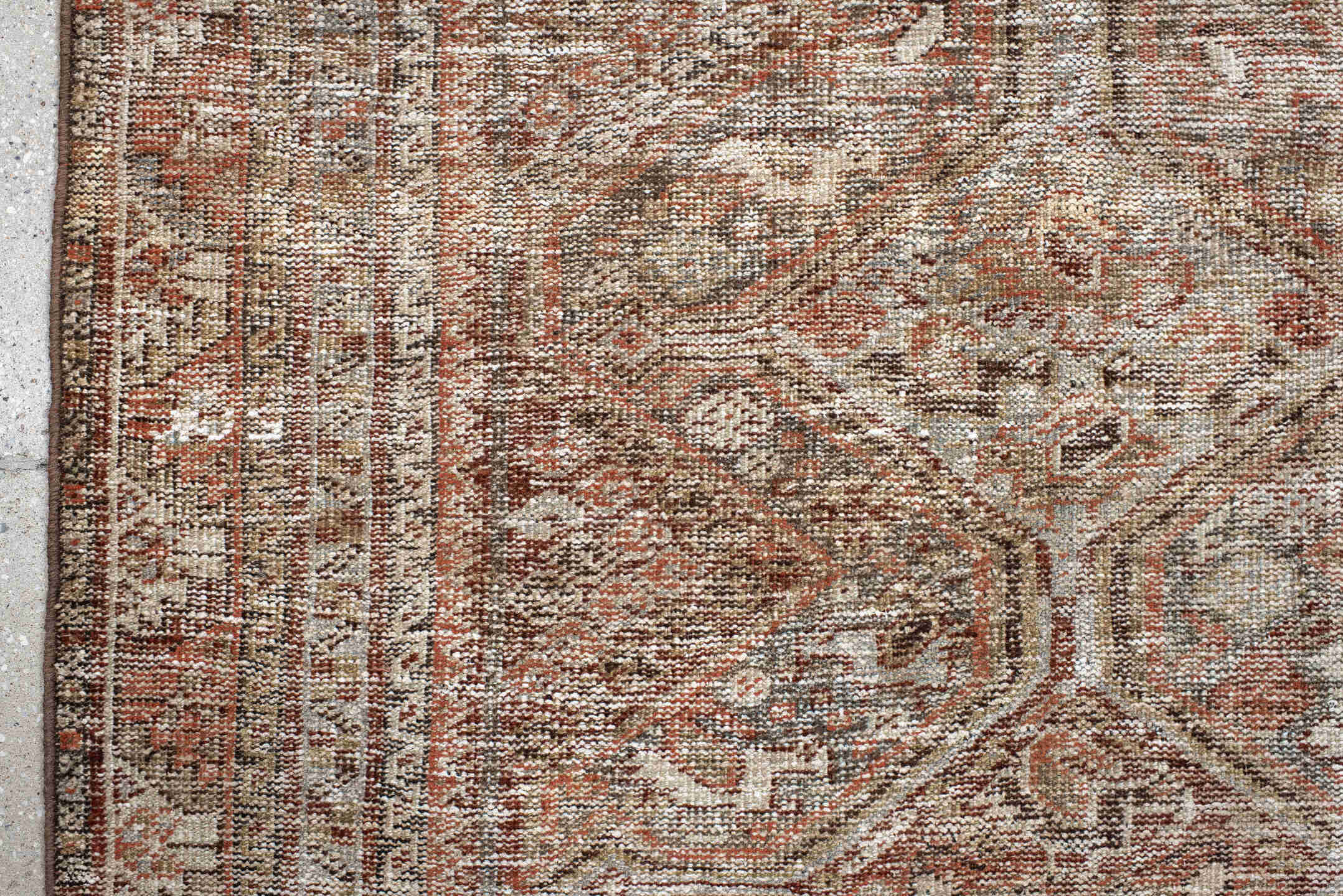 4' x 6' one-of-a-kind handmade antique Shiraz small size rug. Color palette: ivory, taupe, rust, brown, camel, charcoal
