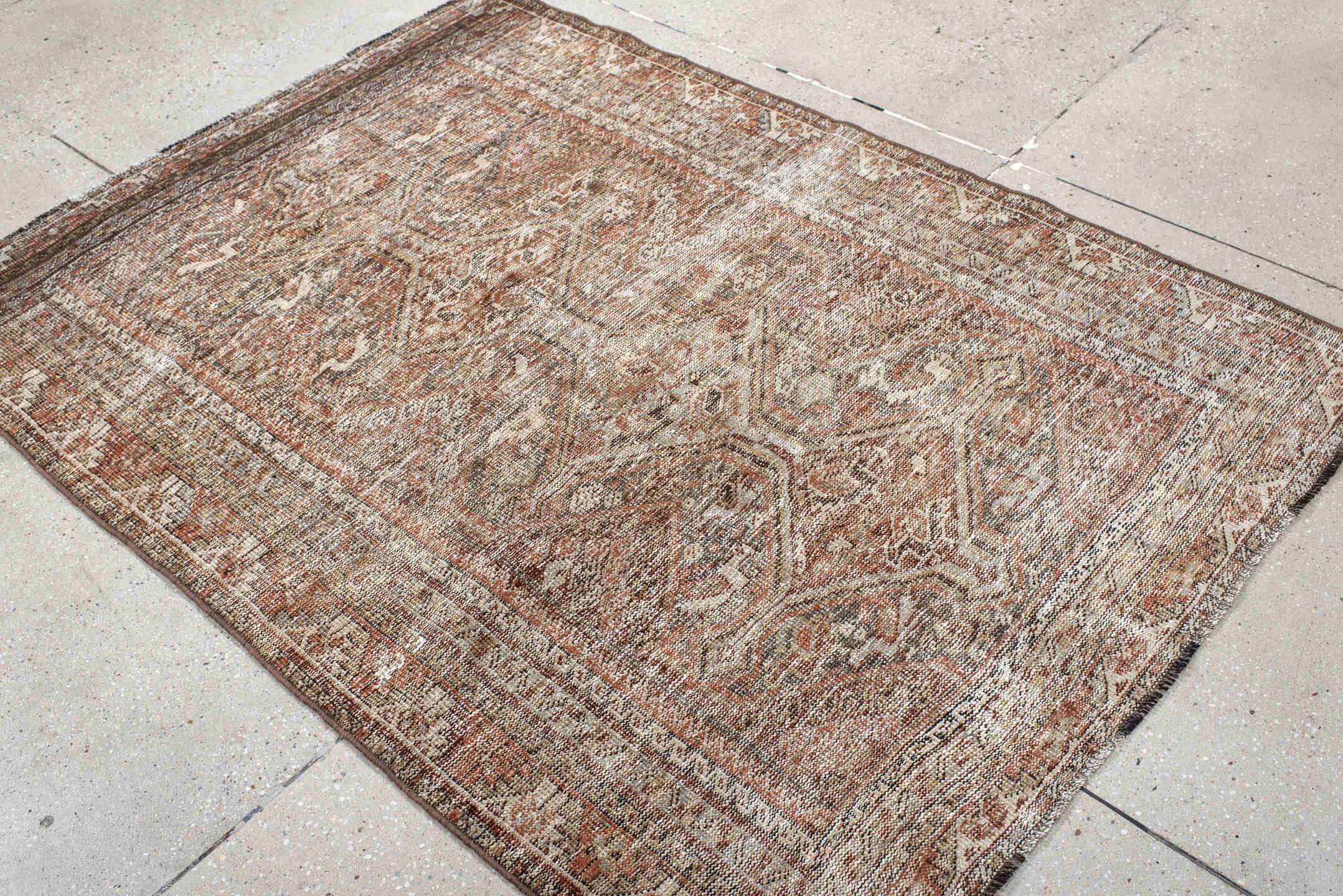 4' x 6' one-of-a-kind handmade antique Shiraz small size rug. Color palette: ivory, taupe, rust, brown, camel, charcoal