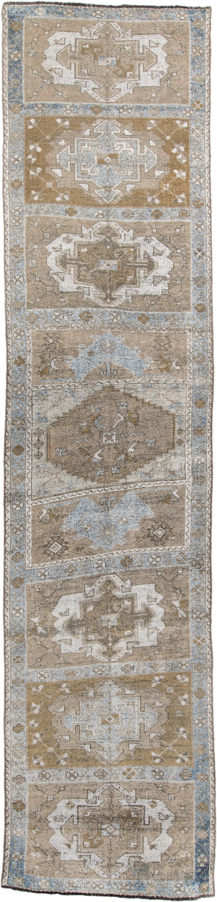 3' x 14' one-of-a-kind handmade antique Anatolian runner rug. Color palette: taupe, ivory, camel, pale blue, beige, brown