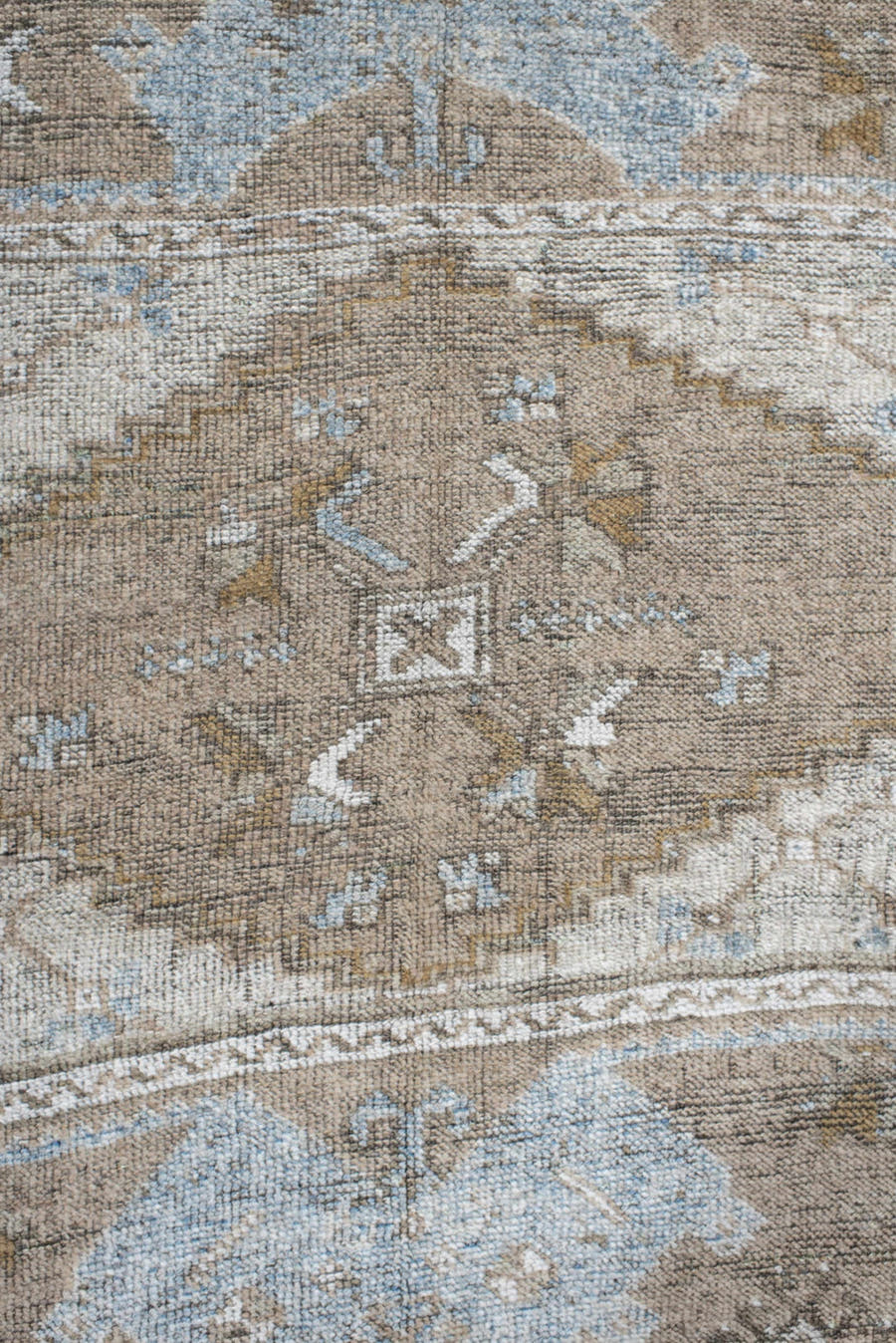 3' x 14' one-of-a-kind handmade antique Anatolian runner rug. Color palette: taupe, ivory, camel, pale blue, beige, brown