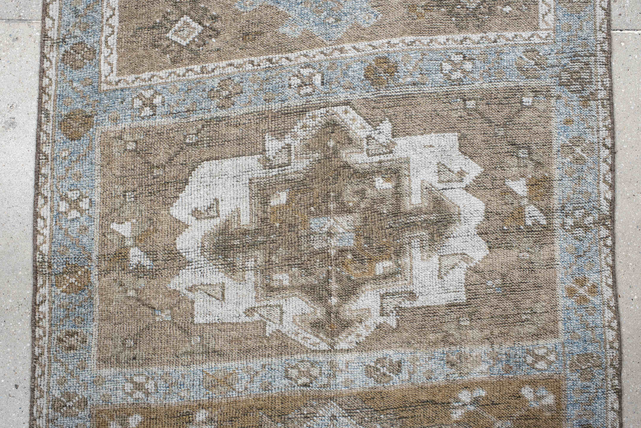 3' x 14' one-of-a-kind handmade antique Anatolian runner rug. Color palette: taupe, ivory, camel, pale blue, beige, brown