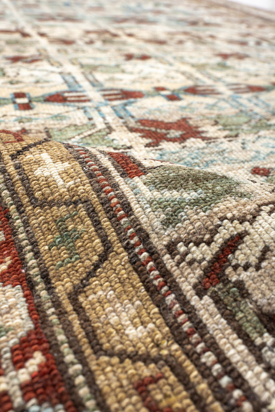 4' x 10' one-of-a-kind handmade vintage NW Persian runner rug. Color palette: ivory, rust, sky_blue, sage, taupe, brown