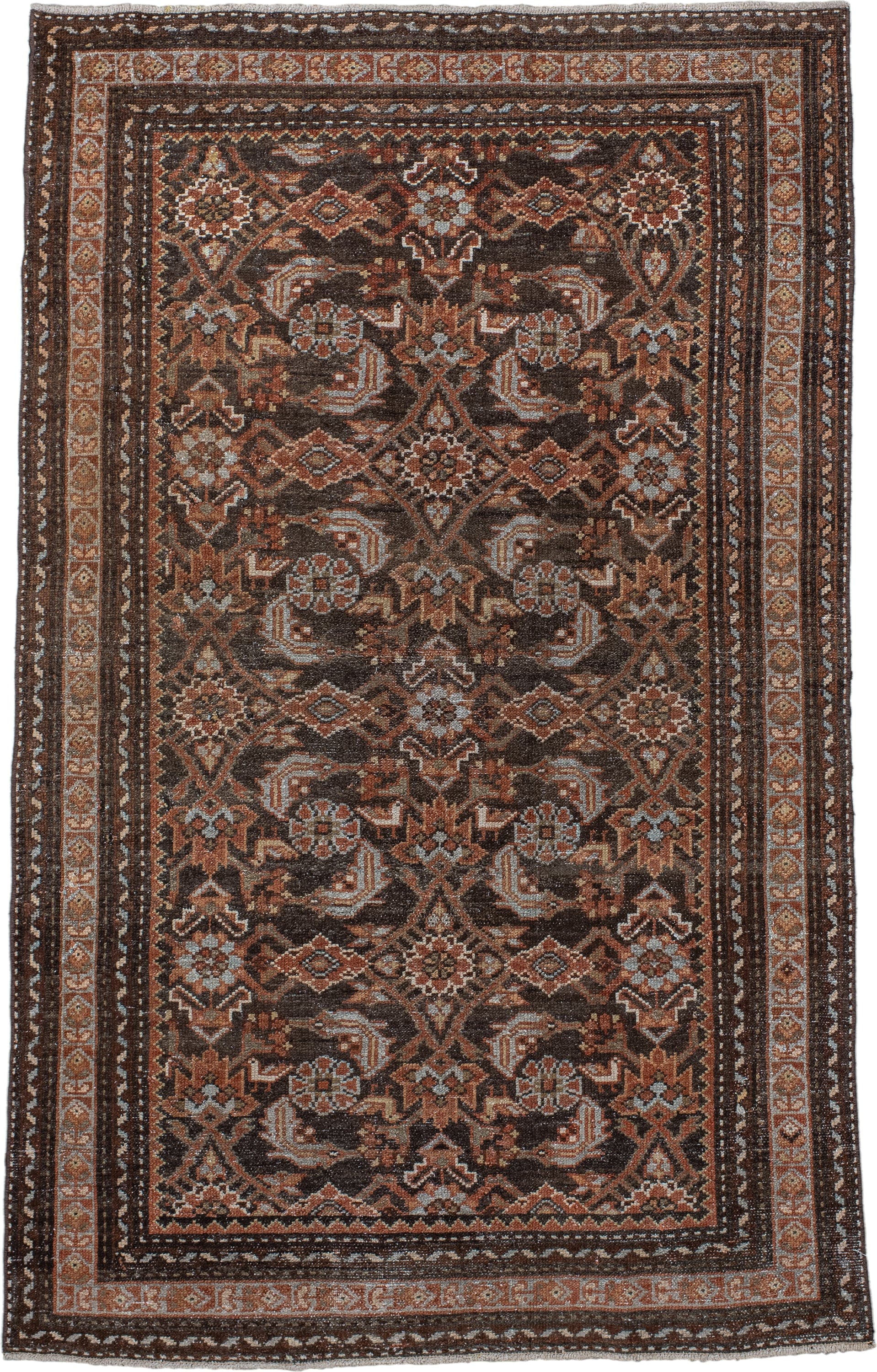 4' x 6' one-of-a-kind handmade antique Malayer small size rug. Color palette: brown, rust, ivory, camel, pale blue, taupe