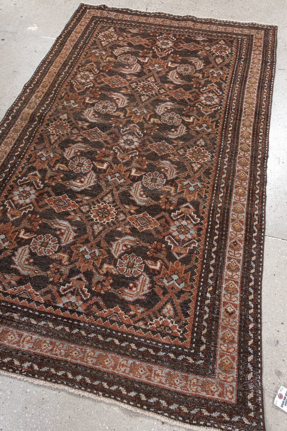 4' x 6' one-of-a-kind handmade antique Malayer small size rug. Color palette: brown, rust, ivory, camel, pale blue, taupe