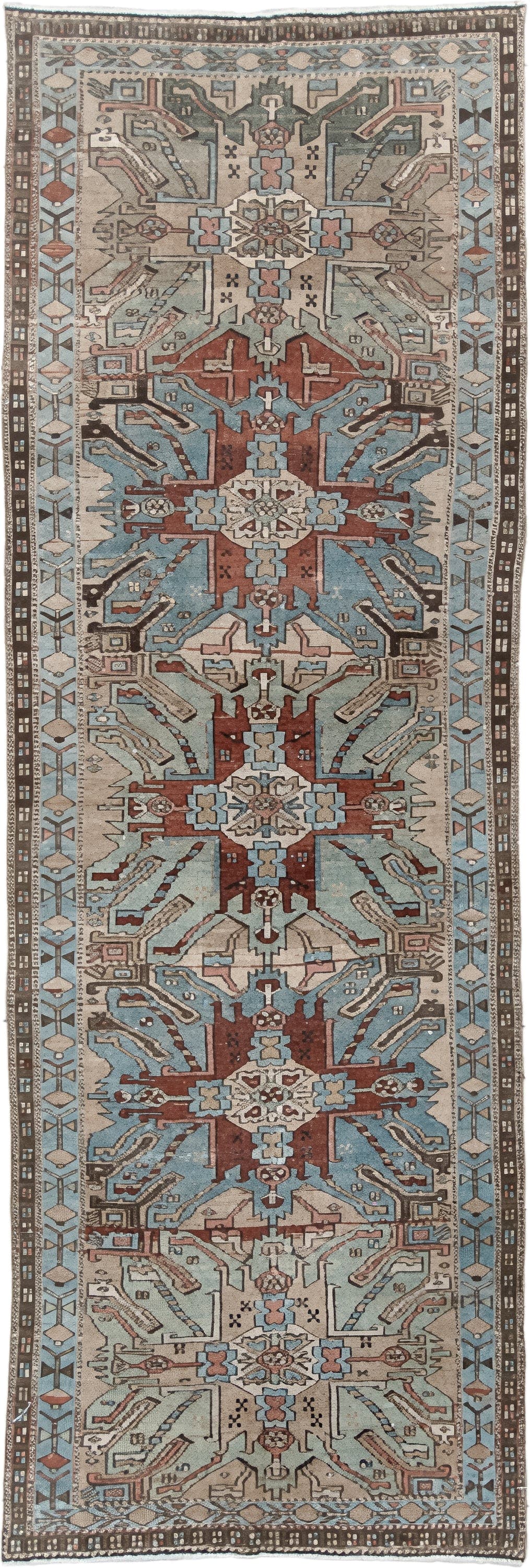 3' x 10' one-of-a-kind handmade vintage Sarab runner rug. Color palette: sky blue, ivory, rust, brown, taupe, charcoal