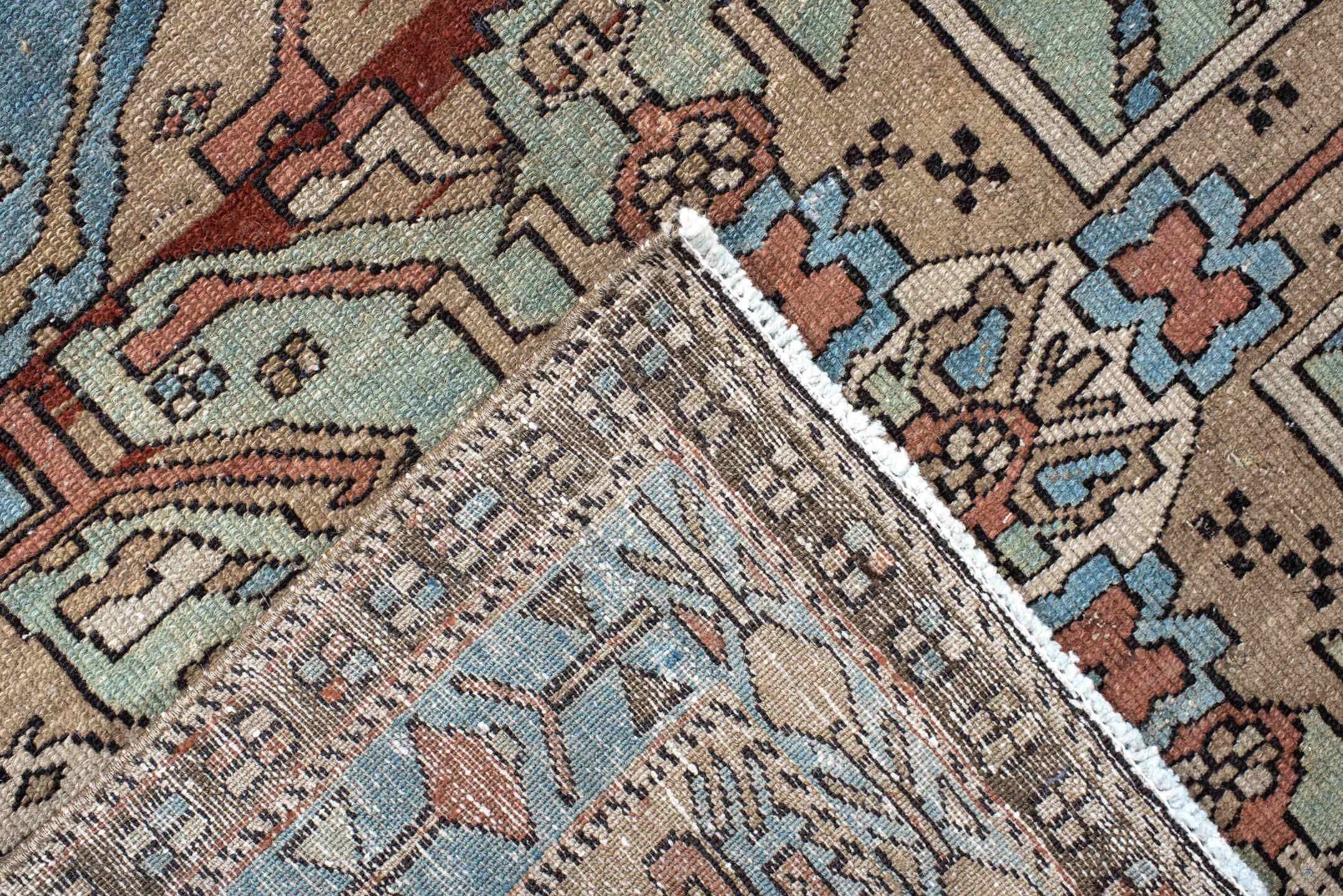 3' x 10' one-of-a-kind handmade vintage Sarab runner rug. Color palette: sky blue, ivory, rust, brown, taupe, charcoal