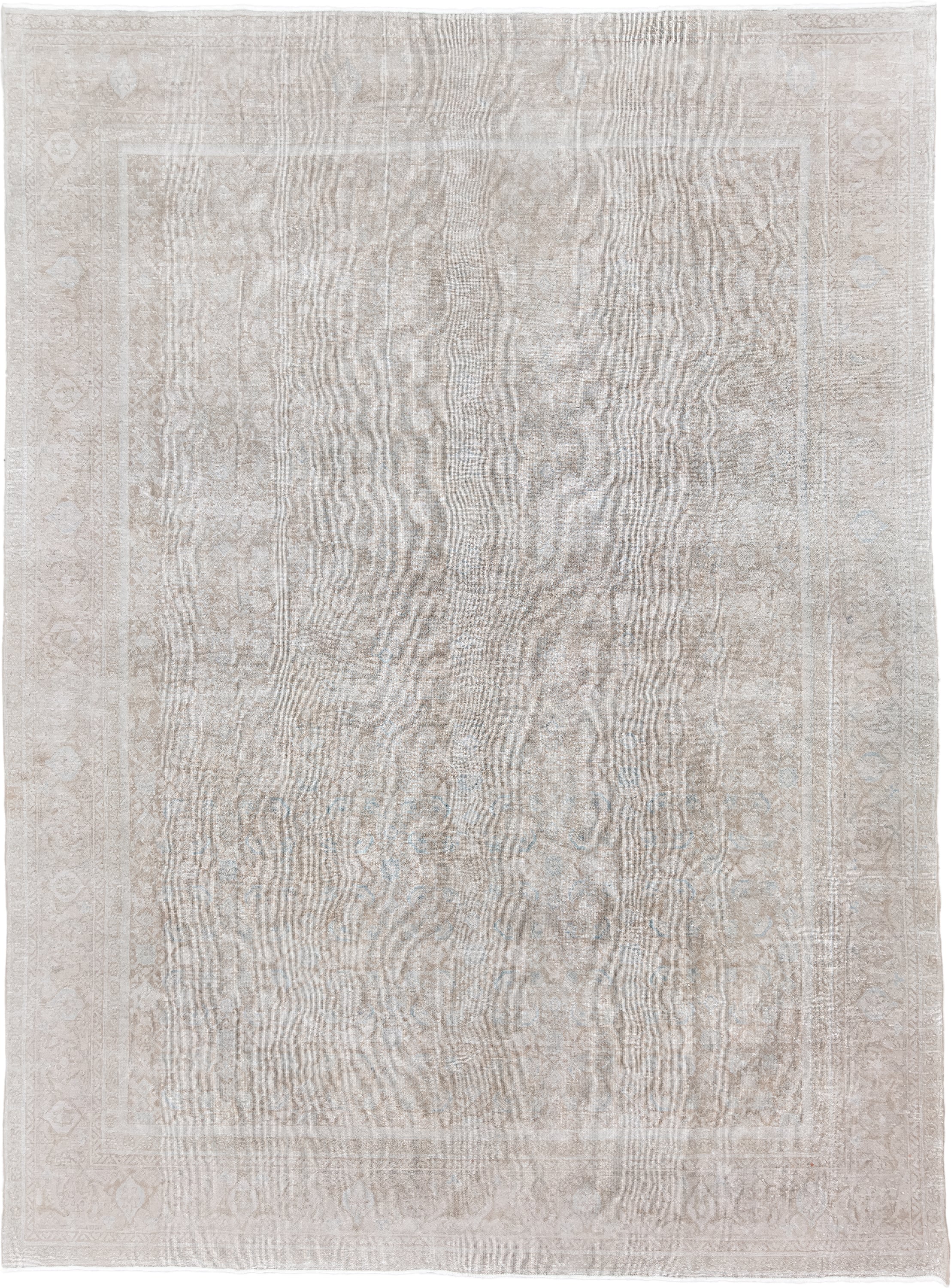9' x 13' one-of-a-kind handmade vintage Mahal large size rug. Color palette: ivory, taupe, beige, cream, pale blue, sand