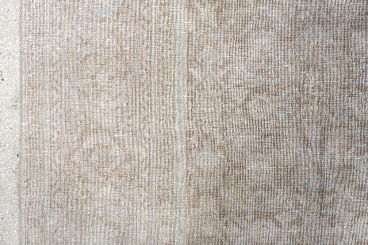 9' x 13' one-of-a-kind handmade vintage Mahal large size rug. Color palette: ivory, taupe, beige, cream, pale blue, sand