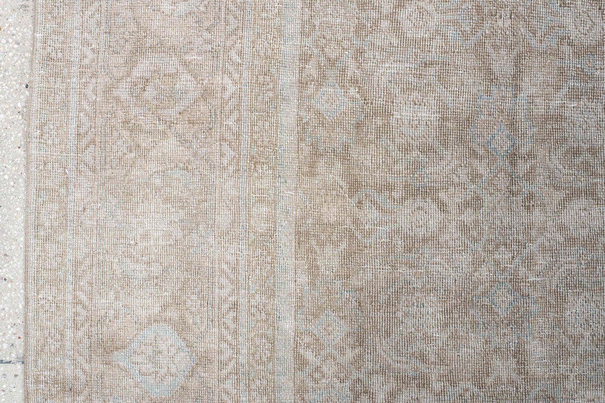 9' x 13' one-of-a-kind handmade vintage Mahal large size rug. Color palette: ivory, taupe, beige, cream, pale blue, sand