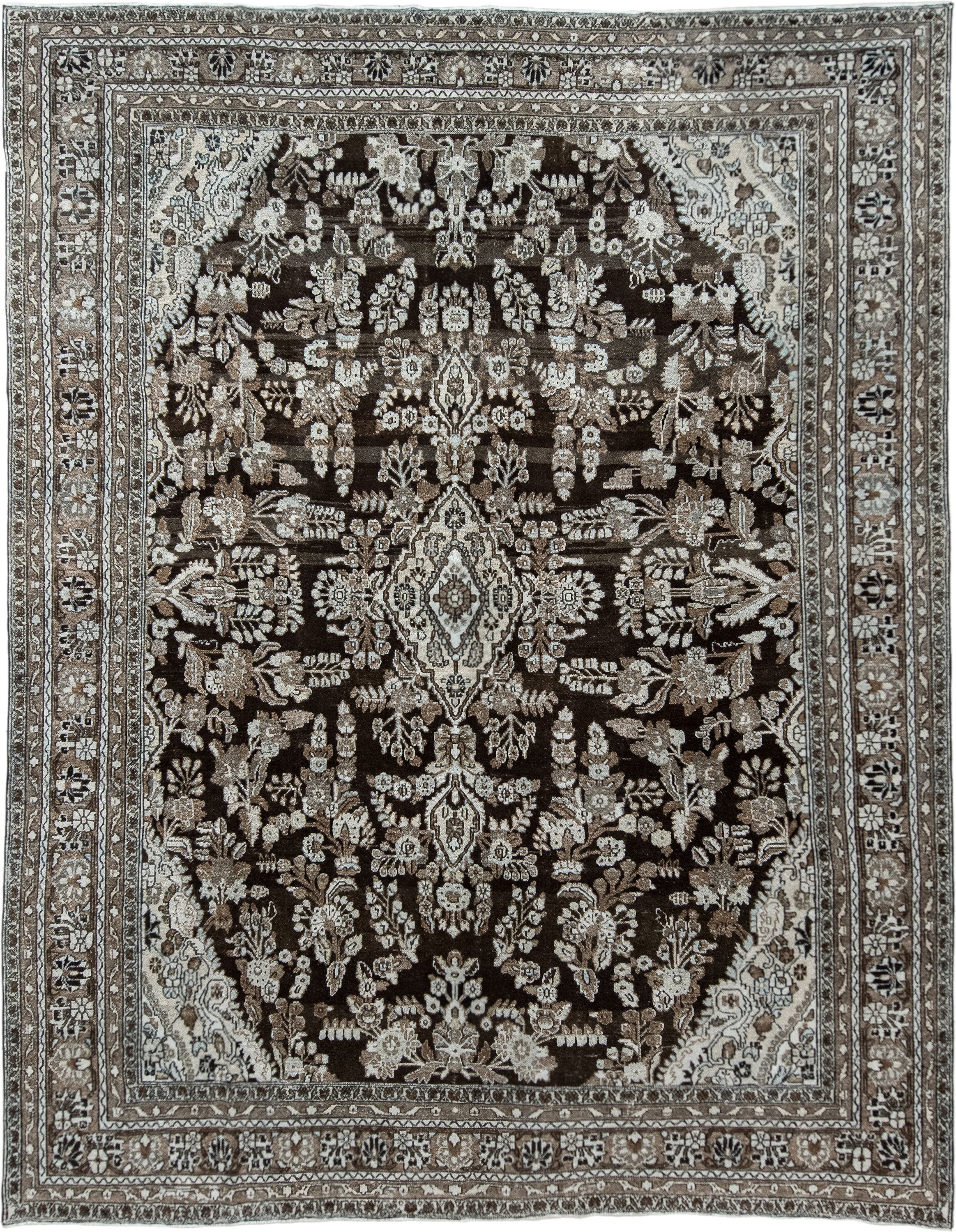 10' x 13' one-of-a-kind handmade vintage Dargazin large size rug. Color palette: brown, ivory, taupe, charcoal, beige, gray