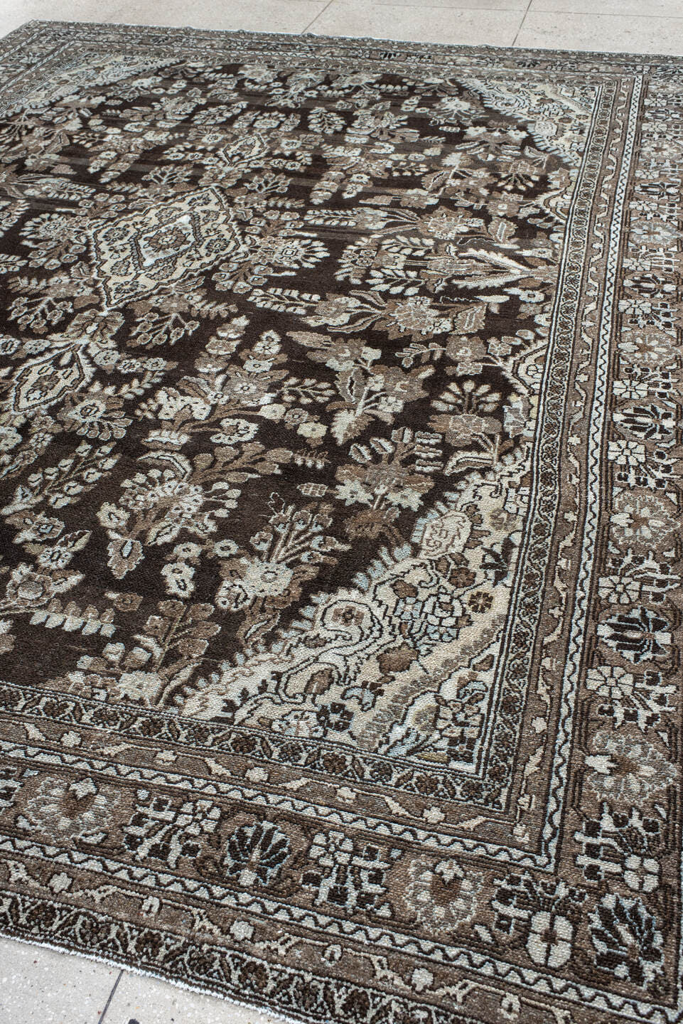 10' x 13' one-of-a-kind handmade vintage Dargazin large size rug. Color palette: brown, ivory, taupe, charcoal, beige, gray