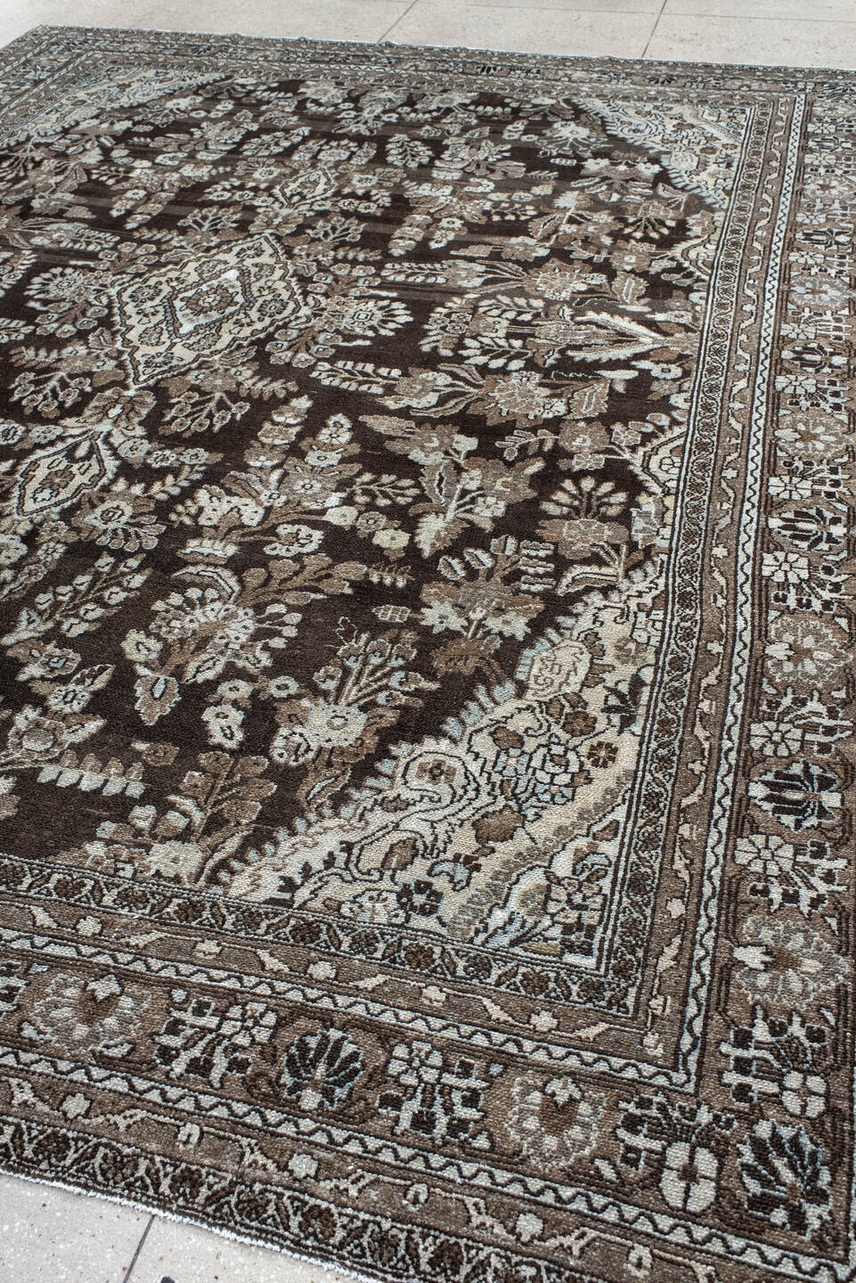 10' x 13' one-of-a-kind handmade vintage Dargazin large size rug. Color palette: brown, ivory, taupe, charcoal, beige, gray