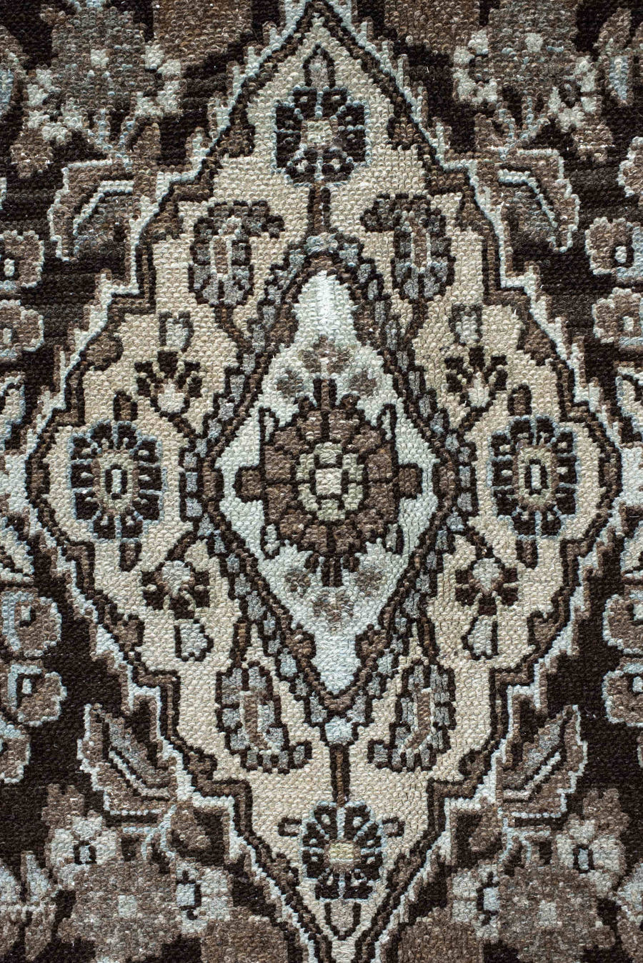 10' x 13' one-of-a-kind handmade vintage Dargazin large size rug. Color palette: brown, ivory, taupe, charcoal, beige, gray